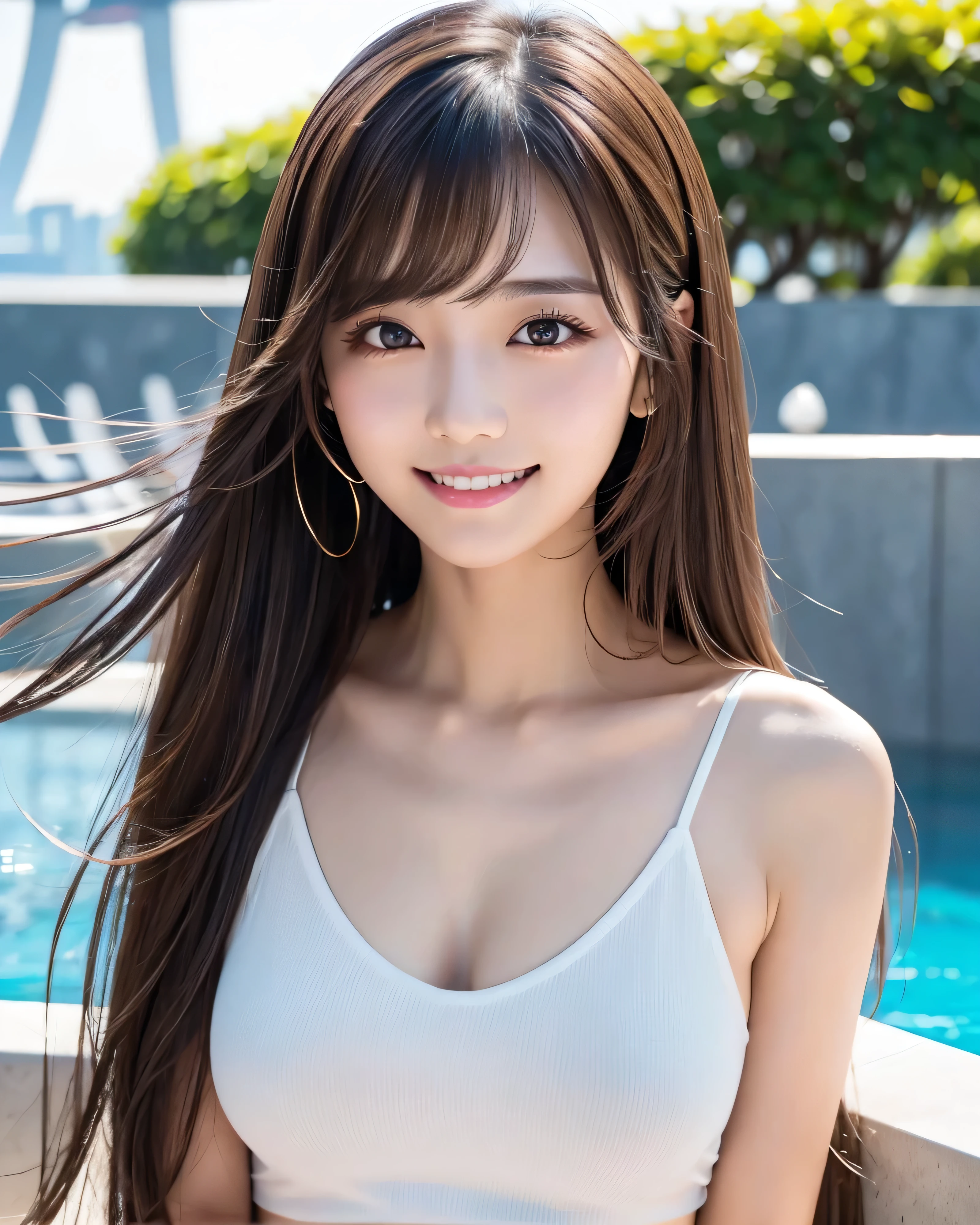 (highest quality, 32k, High resolution, masterpiece:1.5, ), Transparent air, The brilliance of youth, An award-winning masterpiece with incredible detail, Beautiful Japanese Girls, An exceptionally beautiful face, Shiny brown hair, ((Beautifully groomed long hair)), Asymmetrical bangs, Hair between the eyes, Beautifully trimmed, thin eyebrows, Magical big eyes, Moist black eyes, Clear double eyelids, smooth and transparent skin, Pale pink lips, Natural Makeup, Rich expression of emotions, (fleeting smile:1.4), (White tank top), High resolution perfect collarbone, High resolution beautiful bust, High resolutionの美しい太もも, (whole body:1.3), ((Marina Bay Sands rooftop pool)), Dazzling sunlight, Professional Lighting, Professional Photographer, Professional models, mysterious