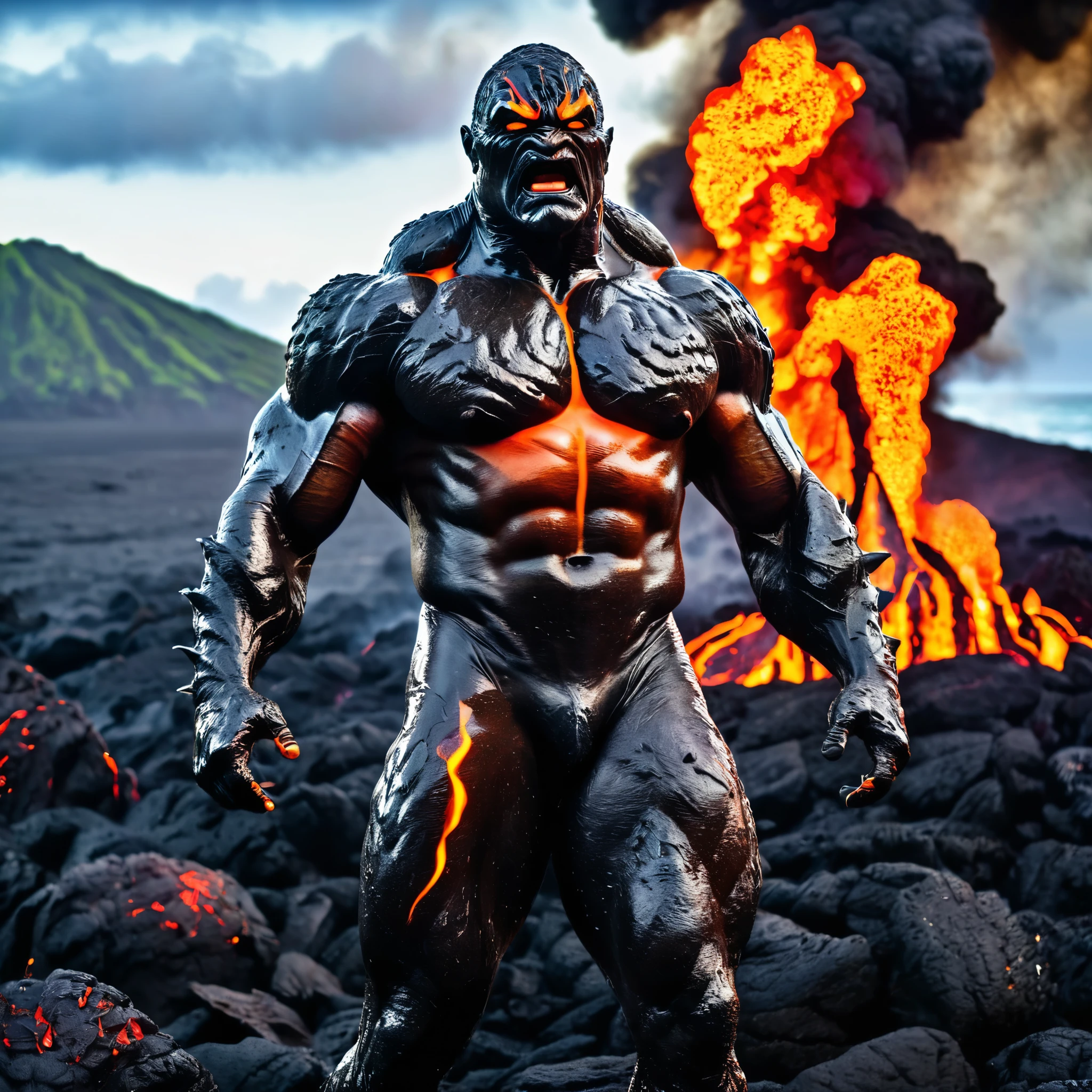 (best quality,4k,highres,masterpiece:1.2),ultra-detailed,(realistic:1.37),WWE superstar The Rock, Lava Demon, lush tropics of Hawaii, rises from a pool of lava, scorches the earth, walks to the sea, volcanic eruptions, intense heat, molten lava, smoldering flames, dramatic landscape, exotic plants, vibrant foliage, towering palm trees, scenic beauty, steam rising, intense red and orange hues, billowing smoke, glowing embers, powerful presence, muscular physique, awe-inspiring, fierce expression, penetrating eyes, chiseled features, lava-like skin texture, lava sparks, fiery aura, searing radiance, epic battle, volcanic energy, primal force, unstoppable, legendary strength, immortal being, otherworldly transformation, volcanic island paradise