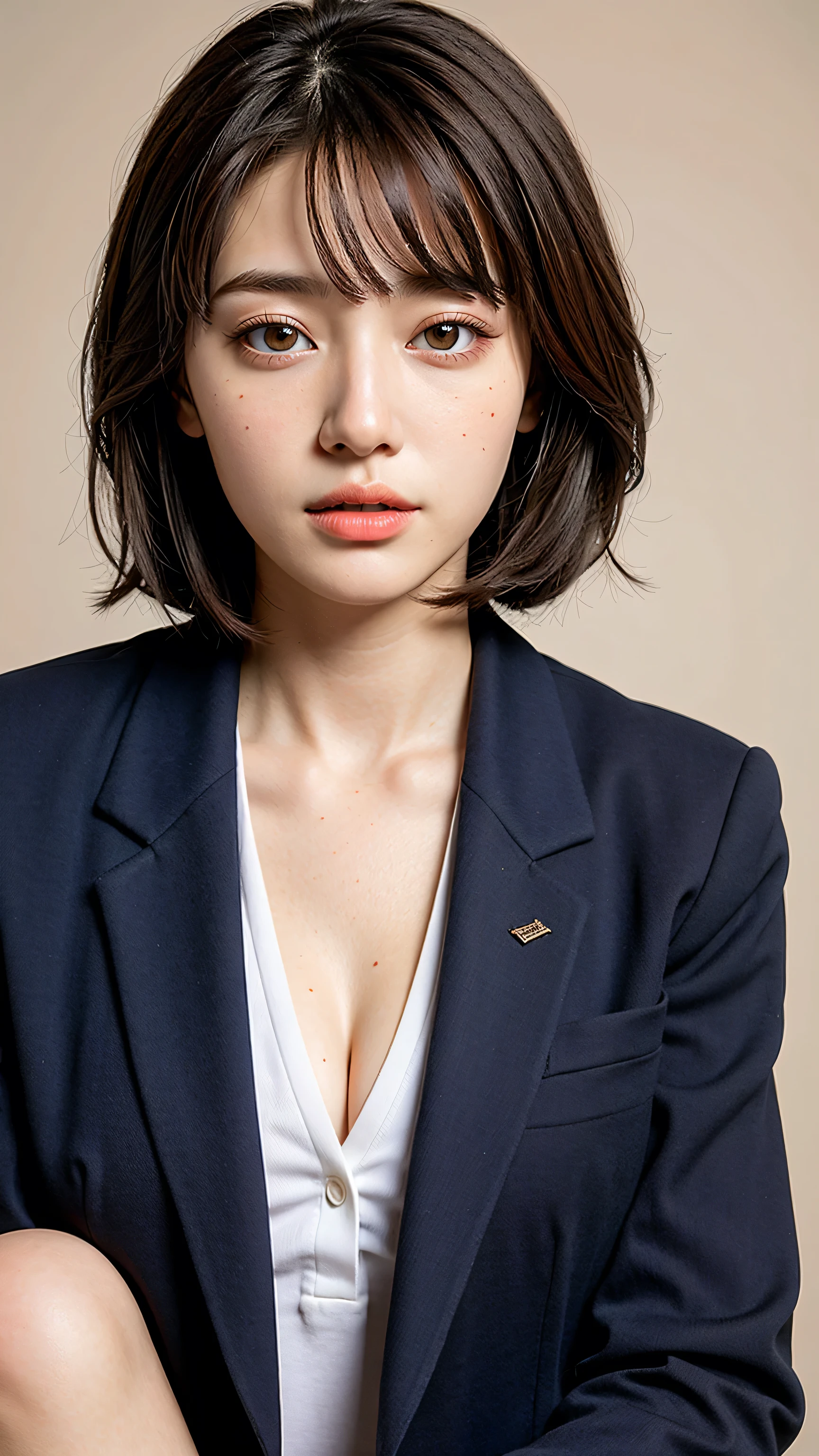 Generated in SFW, (1 Female:1.37), ((extremely Detailed sharp-portrait:1.2)), (close up of her face), Looking at the viewer, Plump Cheeks, Supermodel, 17 years old, high school girl, (Ultra realistic), ((photorealistic)), ((Sharp Focus)), (highest resolution), (the most absurd quality), (masterpiece), (Illustration), 32K, (Best Illustration), (Improvement of quality:1.4), (high detailed realistic Super beautiful face), (Highest quality realistic skin texture:1.4), (Perfect Anatomy:1.37), very small head, Very small face, The background is a black wall:1.15, (school uniform, :1.05), (Navy blue long sleeve blazer:1.37), (White collared blouse shirt:1.3), (Line pattern tie:1.21), (Navy Check Skirt:1.1), Slim figure, Tight waist, (best highest detailed realistic brown_eyes:1.4), ((super realistic sharp-eyes)), (tired and sleepy and satisfied:0.0), ((close up of a woman's eyes:1.2)), perfect round eyes, finely detailed pupils, Thin lashes, Sharpen your eyebrows, Natural Makeup, [Pink lipstick], (Beautiful Lips:1.33), (Great nose:1.2), (Flat Chest), (Slim lower body), Shiny brown hair, Let your bangs hang long, (Short Hair:1.21), Movie Lighting, 