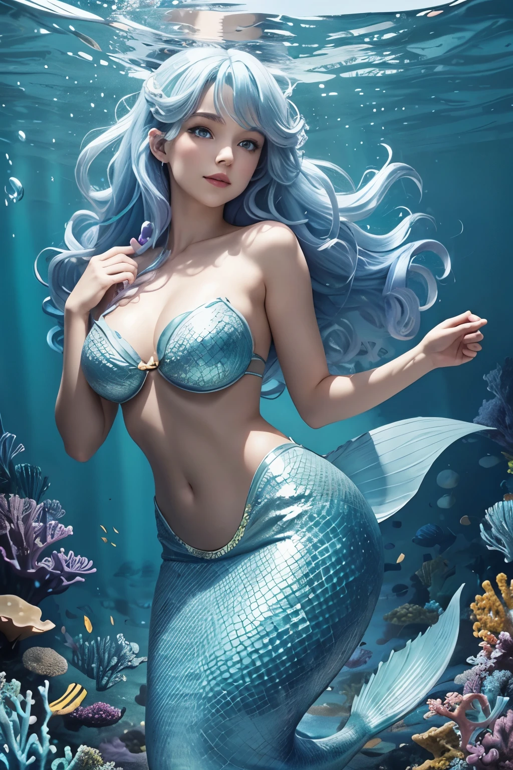 loosely curly light blue hair,mermaid,light blue tail fin,purple eyes,princess,under the sea