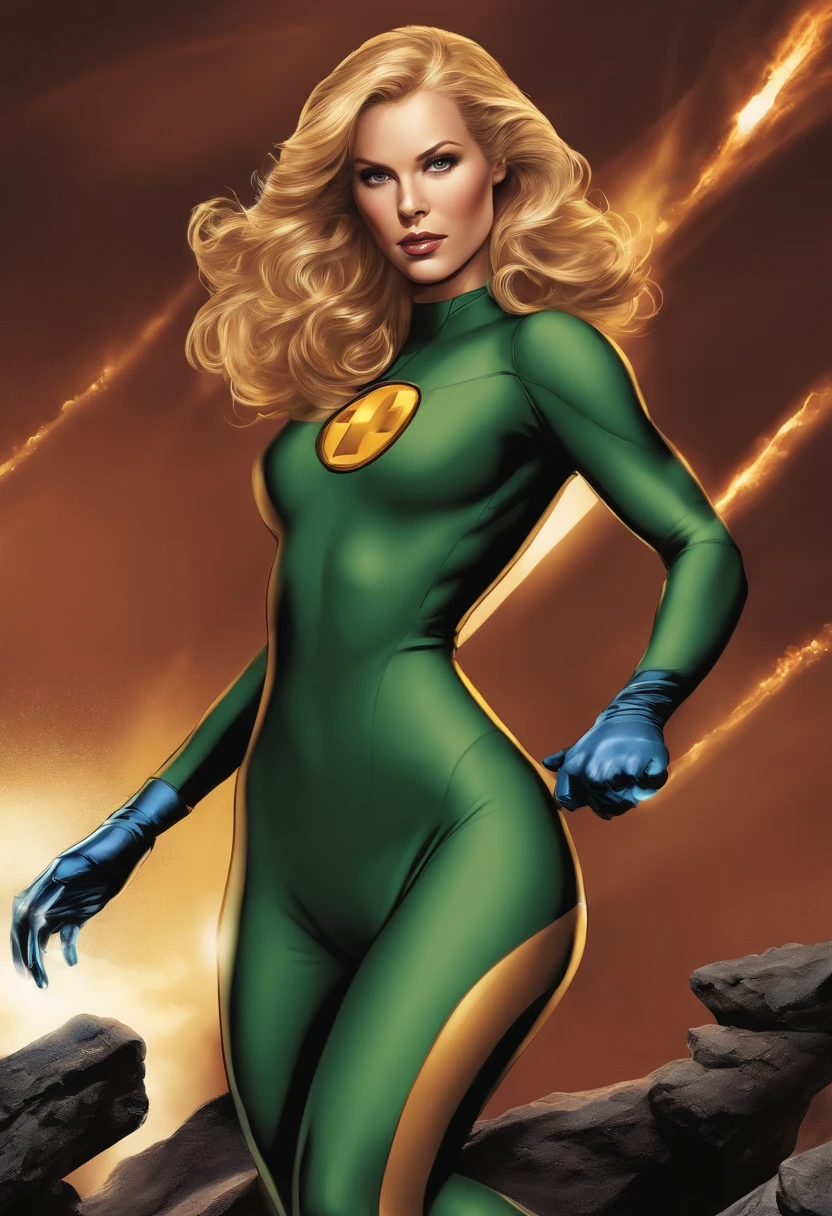 Artistic image of Susan Storm from the Fantastic Four, cabelo loiro, sensual, seios grandes, foco extremo, sharp details, pele oleosa, sensual, dynamic pose, Fantastic Four uniform