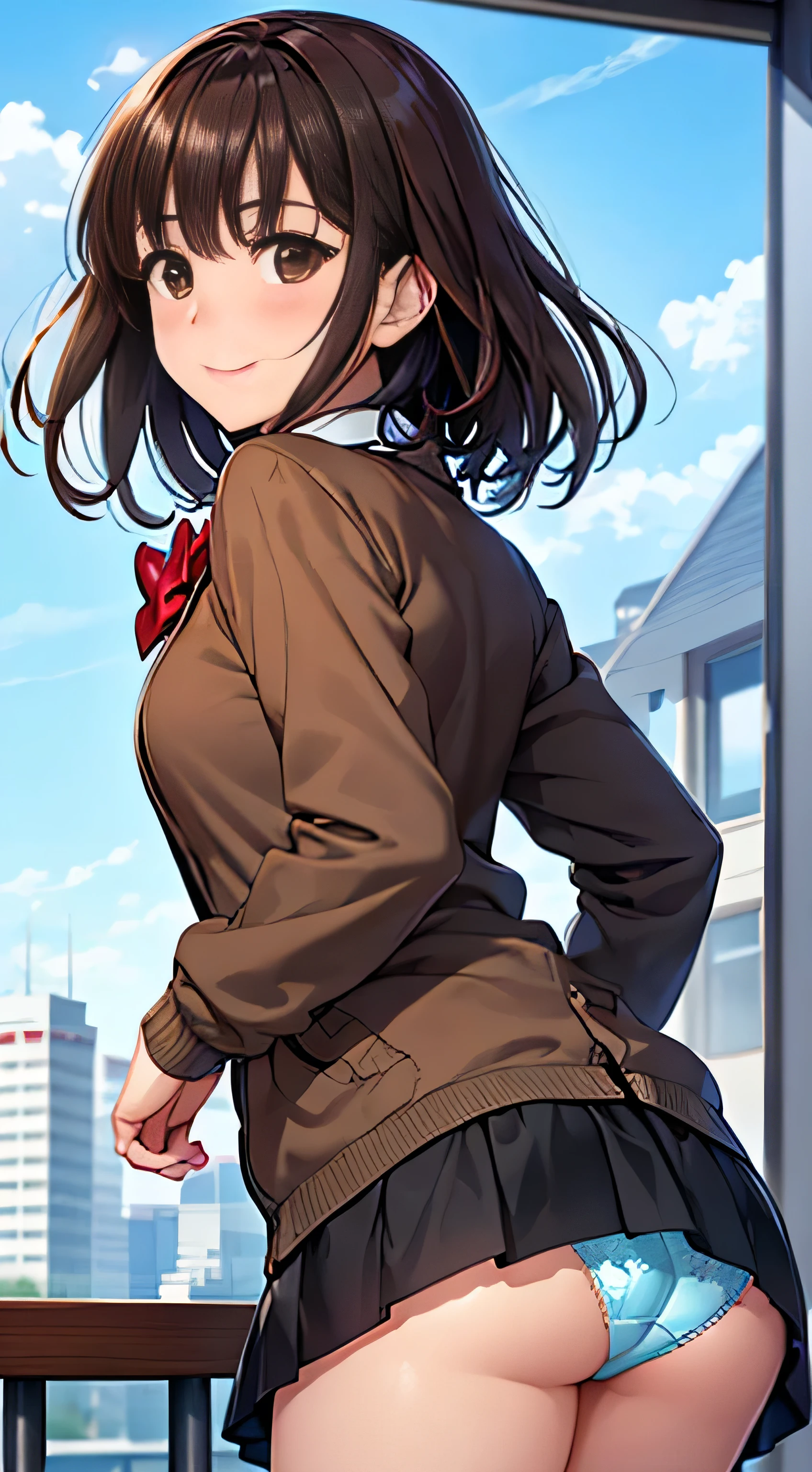 ((Tabletop, highest quality, High resolution, , Perfect Pixel, 4K,))), 1 high school girl, single, alone, Beauty、The whole body is visible、 ((Mid-wave hair, bangs, Brown Hair)), ((Brown eyes, Beautiful eyelashes, Realistic eyes)), ((Detailed face, Blushing:1.2)), ((Smooth texture:0.75, Realistic texture:0.65, Realistic:1.1, Anime CG Style)), Medium chest, Dynamic Angle, Perfect body, ((Red bow tie, , Black jacket, Open jacket, Brown cardigan, White shirt, Black Skirt, Checked skirt)), 、、Very embarrassing panic smile, looked back、Leaning forward、The wind makes all of my panties visible、Touch your buttocks with both hands、white and light blue floral lace panties、Angle from below)、
