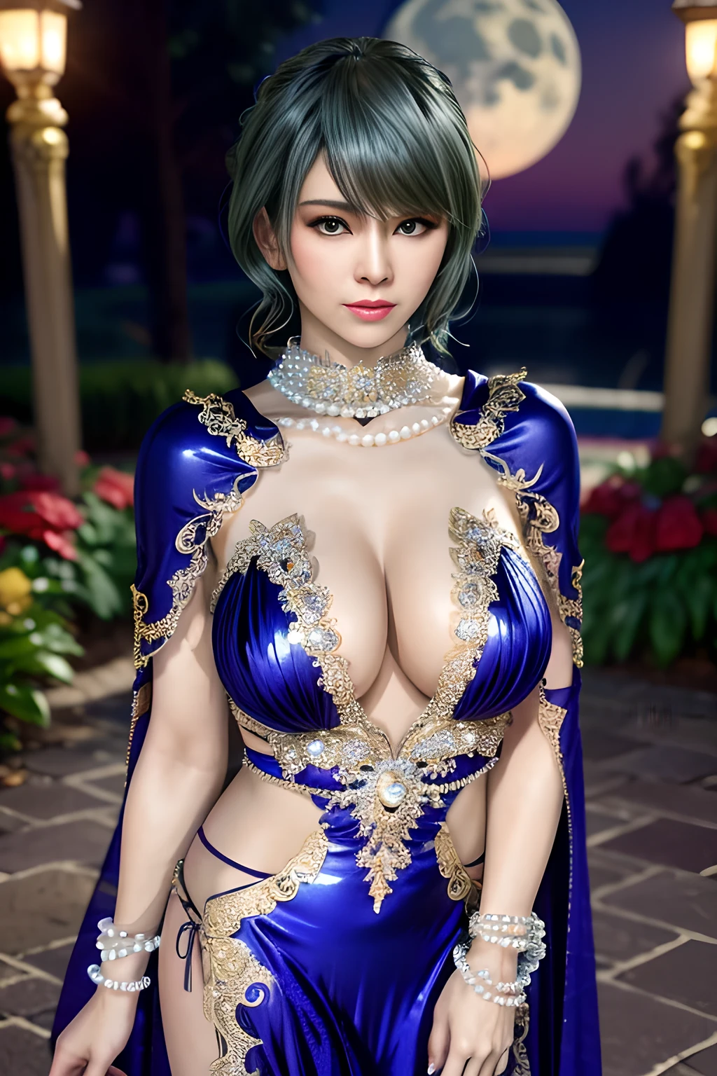 1 girl,lean over WINK,((Wearing Ice-crystal embellished dress:1.5),(Wearing Jewel:1.2) ,( lace_cloak:1.3),(Fluffs :1.4),(pearl bodychain:1.3),garden,nighttime,moon,( huge breasts ),cleavage,shiny skin,lip gloss,tattoos, masterpiece, best quality, realistic ,Surrealism,Rich artistic colors,natural colors art in 8k,3D,Portrait art,solo, tamaki