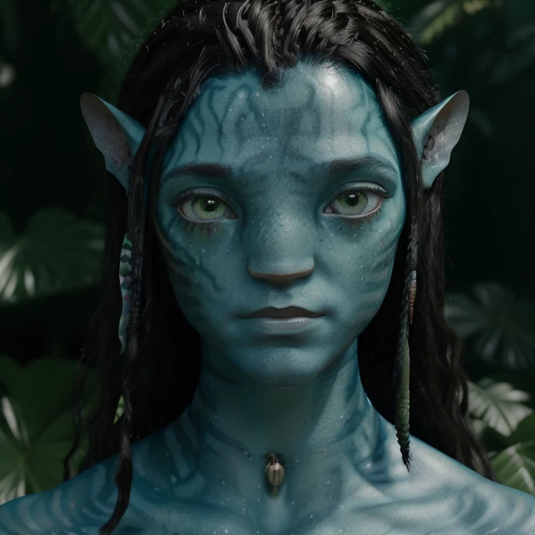 avatar style, (face portrait:1.6), 1girl, female, (AvLoak), glowing blue eyes, pointy ears, (green skin tone:1.0), (curly hair:1.0), black hair color, ((long hair)), (young adult), 18 years old, face wrinkles, wearing colorful tribal clothing, (wearing tribal acessories), detailed eyes, toned body, muscled body, vibrant colors, glowing, ethereal atmosphere, surrealistic dreamy lighting, textured skin, otherworldly beauty, mesmerizing photography, (best quality, highres), vivid colors, ultrarealistic, skin details, striped skin, sfw, face close-up:0.5, ultradetailed body, ((green skin)), (jortega)