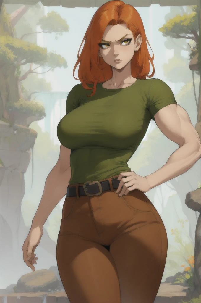 Woman, (orange hair), thin body, (green tshirt), (brown pants), belt, slender, large breasts, forest, massive arms, (massive bicep), (massive forearm), tall, tiny waist