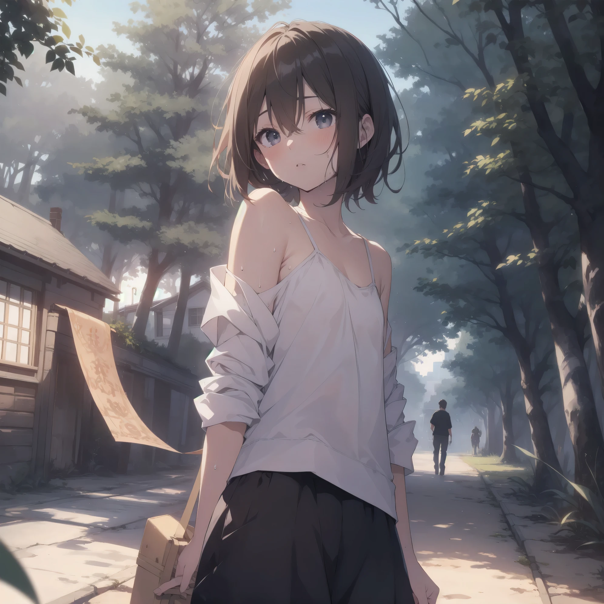 ultra-absurdres-Top quality by artist God, ultra-detailed, high resolution, anime moe artstyle, best anime 8k konachan wallpaper, pixiv contest winner, pool:2810, perfect ,break, 1girl, (Solo,tomboy, 9-year-old:1.3),Full limbs, complete fingers,(very short hair), messy hair, sweat, blush, flat , , small , small black eyes, beautiful detailed eyes, well-proportioned iris and pupils, expressive eyes, highres detailed hair, soft expression, tank top, short shorts, walking, sleepily, (Detailed Lighting), (Detailed background), summer,  in the forest park. break,super detailed skin, Best cinematic lighting powered by famous artist, 8k,beauty illustration,photoshop_(medium),very aesthetic,break,((artist:beni_shake )), artist:bolze ,artist:oyari ashito ,artist:kantoku ,
