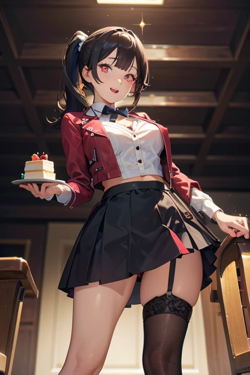(looking down on the audience:1.3),(from side:0.9), ((Face)), (Close-Up:0.4), ((looking at viewer, holding a cake)),highest quality、(real、photorealistic:1.4),(ultra high resolution, 8K RAW photo, clear focus), best qualtiy, natural lighting, field depth, (Bright pupils, detailed beautiful eyes, high detailed face), Red lip, (tight focus:1.2, from below), sexy posing, a girl 22yo old, teacher, wearing a , bootyshorts, Thicc, thin breast, long hair, red eyes,black jacket,(Long flared skirt),garter stocking, open clothes, cleavage:1.1, midriff, black shorts, black thighhighs, thigh strap, pretty girl, (highly detailed beautiful face and eyes,firm breasts),real skin,((black,hair,long pony tail hair)),thin pubic hair,cute,lovely,(alchemist costume:0.8), detailed eyes, This masterpiece is only visually stunning but also tells,(double breasted:1.0,under bust:1.0),(with sparkling eyes and a contagious smile),open mouth, Looking at Viewer,
