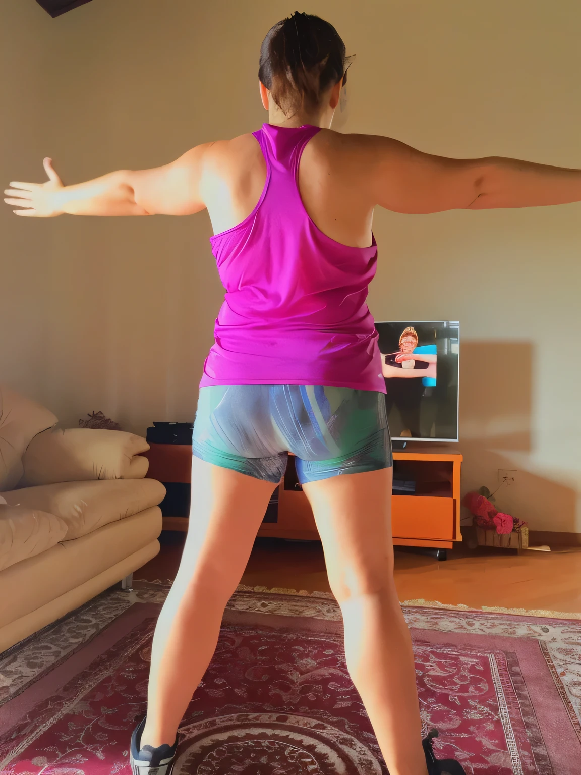 there is a woman standing in a living room with her arms outstretched, from back, back pose, centered full body rear-shot, with arms up, long shot from back, from the back, working out, her back is to us, t pose, back view!!, in full growth from the back, long shot from the back, toned derriere