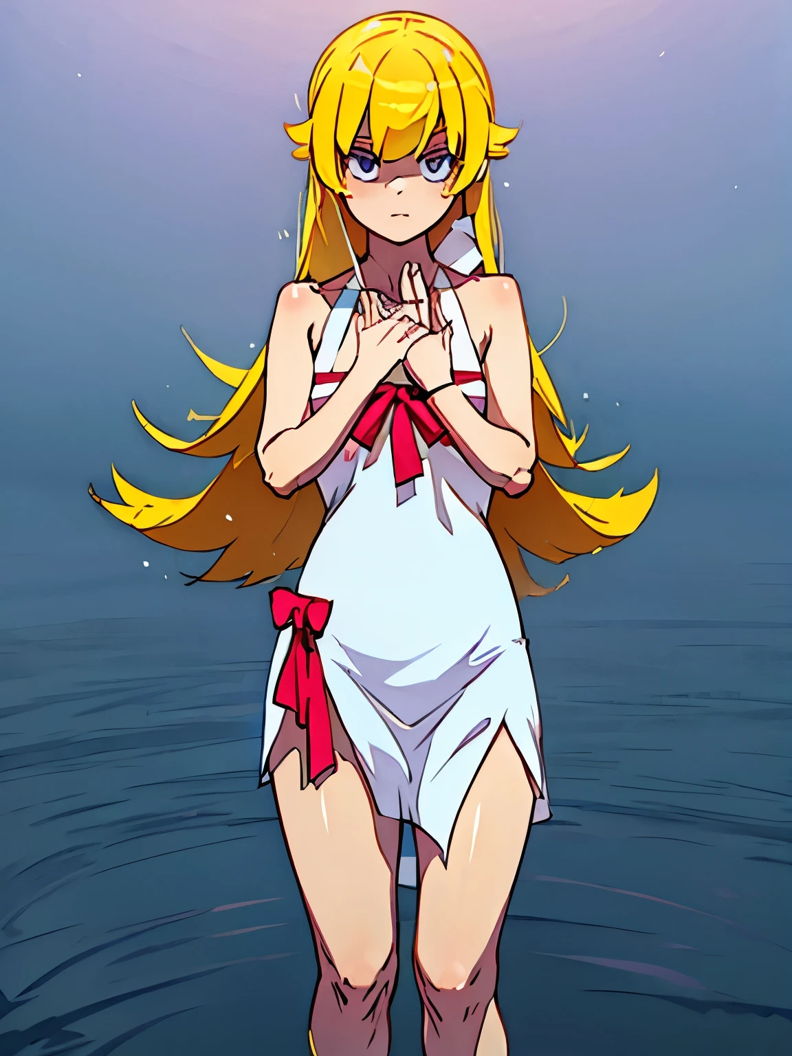 NSFW,oshino_shinobu,Blonde,Long Hair,White Dress,(Perfect hands),(Perfect Anatomy),(masterpiece),(highest quality)