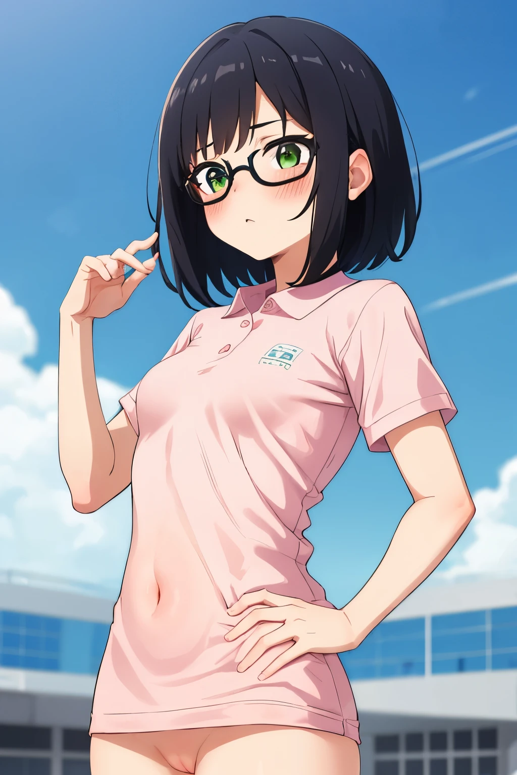 In town,Small breasts that can be rolled up,Black Hair,short hair,Green Eye Glasses,(Pink polo shirt, Short sleeve, naked), (High resolution, high quality:1.1), Intricate details, 1 girl,(blush,Embarrassing)There are a lot of people around