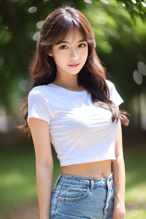 ((((Tabletop, highest quality, High resolution)))), Extremely detailed 8K, Beautiful girl with slim body, (Ultra HD, Very detailed, Very detailed, Very realistic, Ultra-realistic, Photo Real), (One girl:1.5), Beautiful K-pop idols like Japanese girls,Long Hair, Gazing into the distance,profile, Purple eyes, (Medium Breast: 1.2), (Beautifully detailed face, Beautiful fine details), White T-shirt, Denim shorts, Shine, Sweat, (Light of the sun, sunlight)
