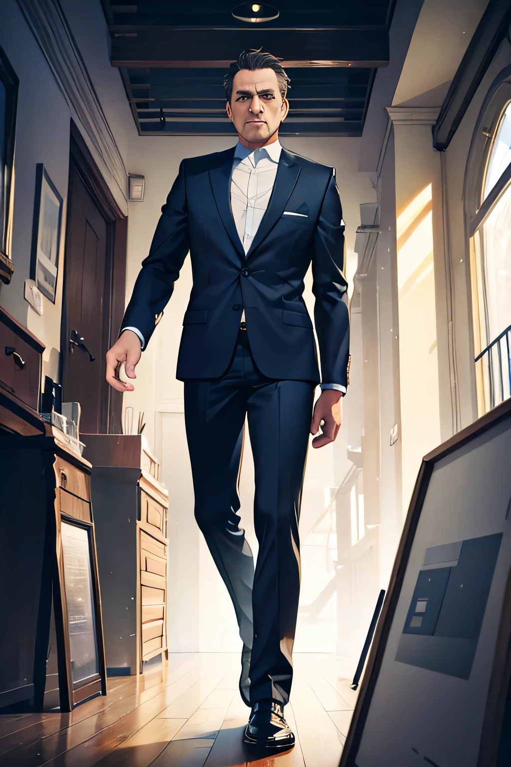 Middle-aged man in suit, Shrewd and cynical