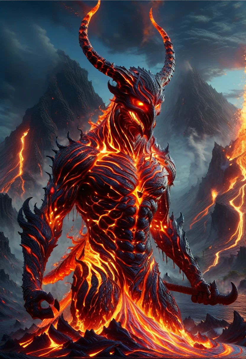 satanic monster, sub surface scattering, shiny wet skin, bleeding eyes, supersharp 16k hires photo, blood, fire, lightening in backgound of scorched earth, his image gives fear and trembling to anyone who sees it --auto --s2