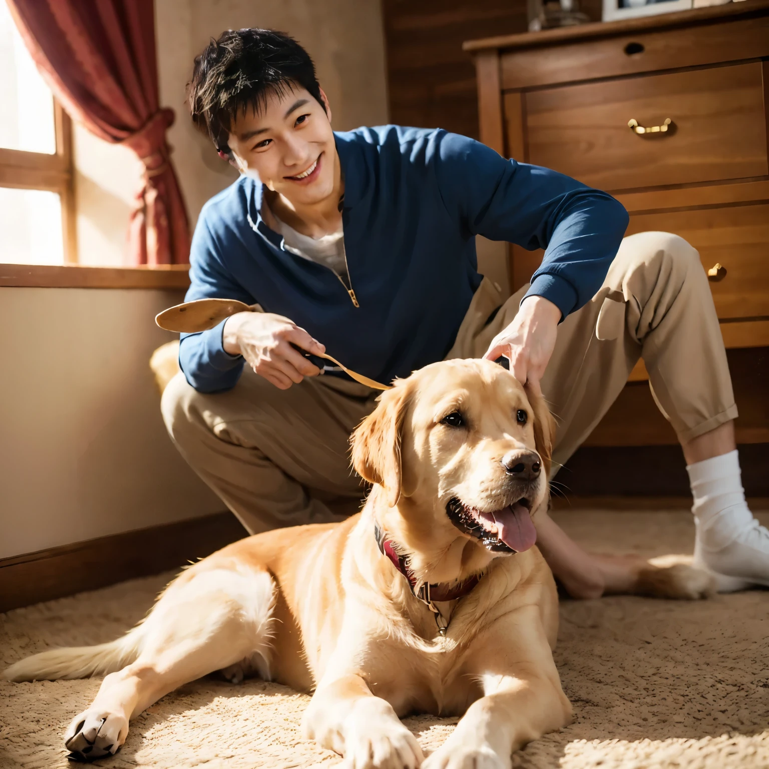 (( Japanese man smiling keep eyes contact .))A young Japanese man playing with golden retriever