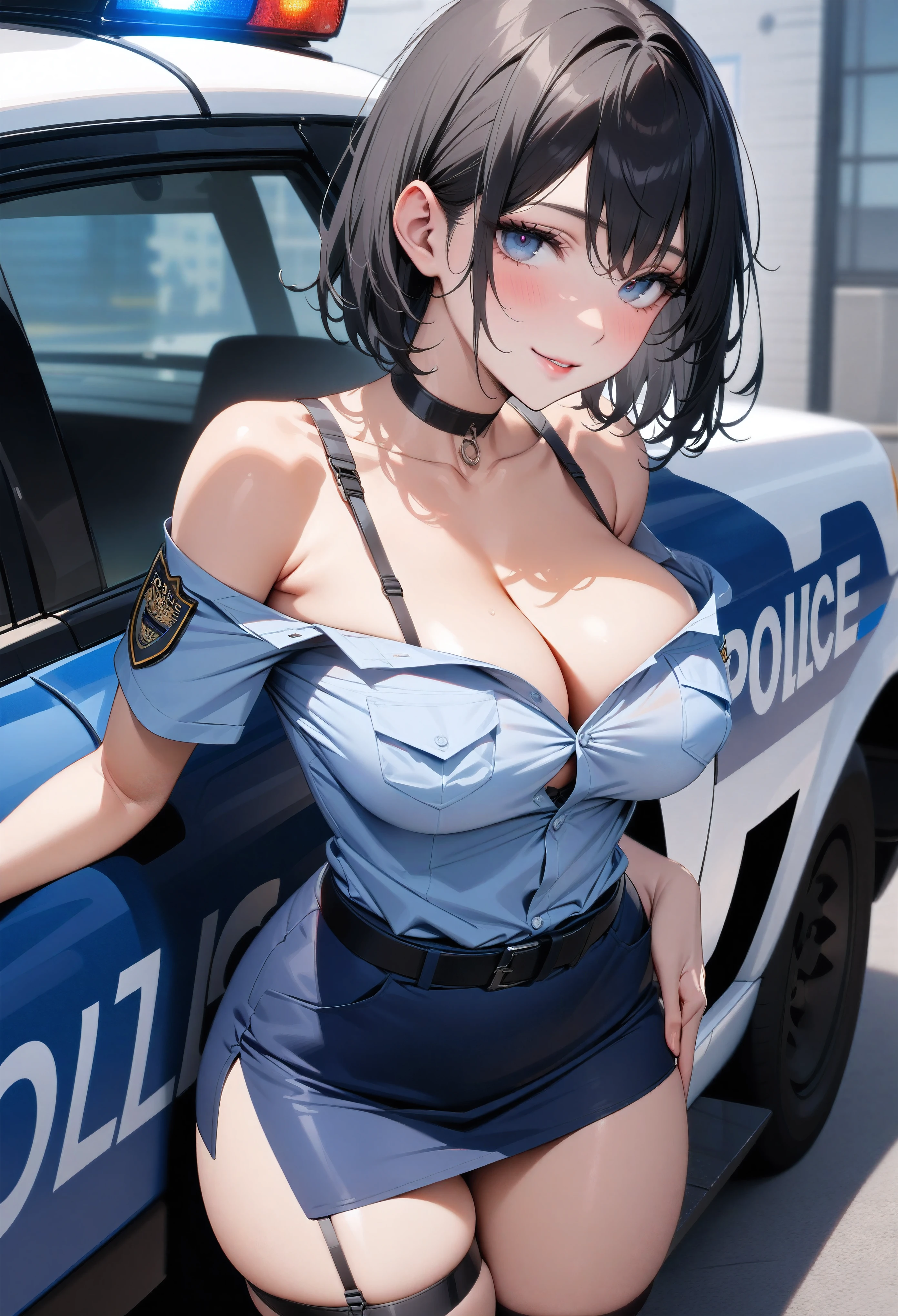 masterpiece, high quality, detailed eyes, milf, solo,black medium hair, bobcut, bangs, (large breast1.0), light smile, (muscular:0.5), (police uniform),arm badge, short sleeves, breast pocket, belt, cleavage, Cropped tops, blue short Pencil Skirt, garter strap, black stockings, choker, thigh strap, covered nipple, sexy , black hair ,shirt came off, undone , a police office , indoor , black bra ,( almost completely undressed), (bare shoulders), Off-shoulder , (lean against police car:1.2) , (outdoor) , (police car)