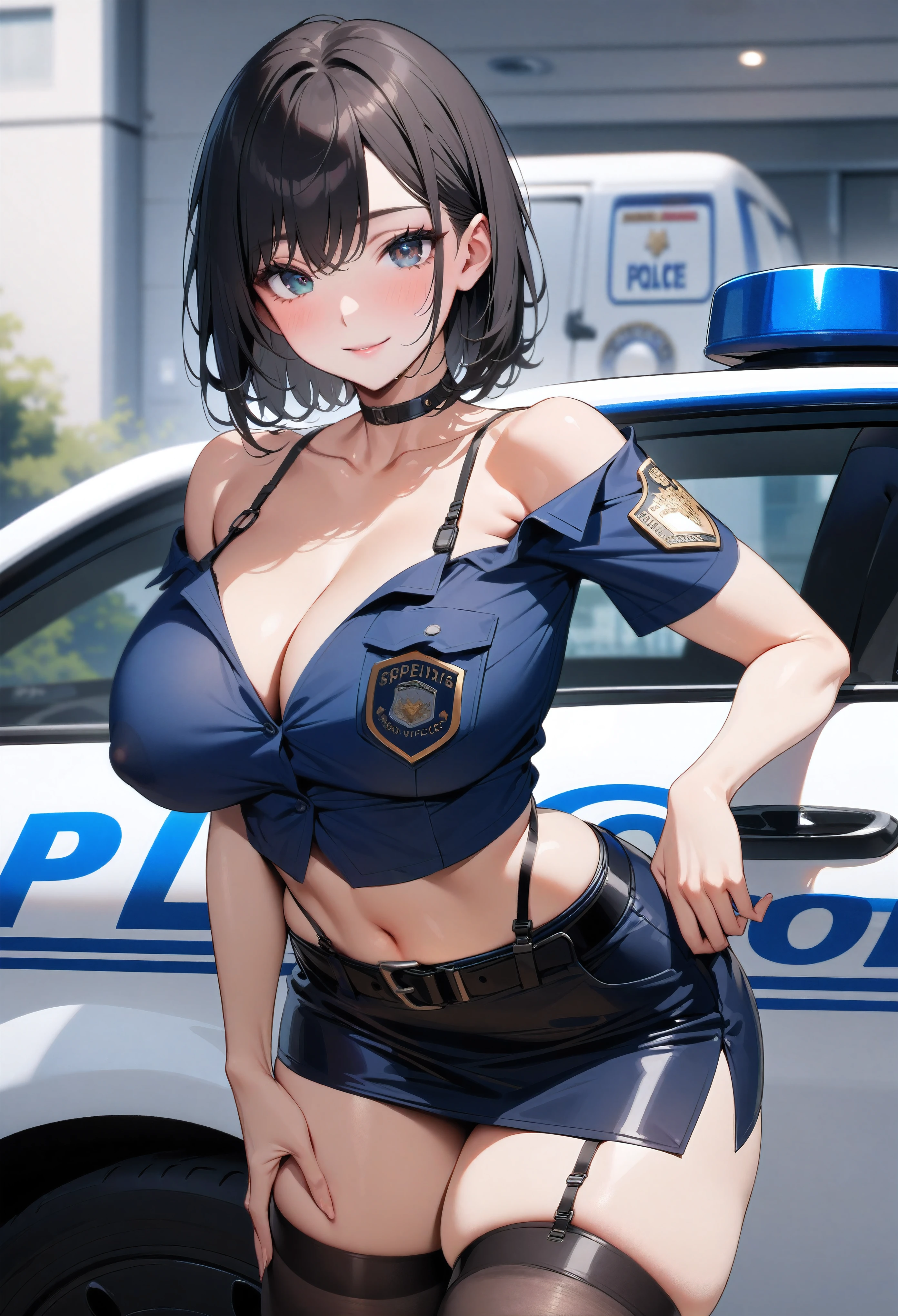 masterpiece, high quality, detailed eyes, milf, solo,black medium hair, bobcut, bangs, (large breast1.0), light smile, (muscular:0.5), (police uniform),arm badge, short sleeves, breast pocket, belt, cleavage, Cropped tops, blue short Pencil Skirt, garter strap, black stockings, choker, thigh strap, covered nipple, sexy , black hair ,shirt came off, undone , a police office , indoor , black bra ,( almost completely undressed), (bare shoulders), Off-shoulder , (lean against police car:1.2) , (outdoor) , (police car)