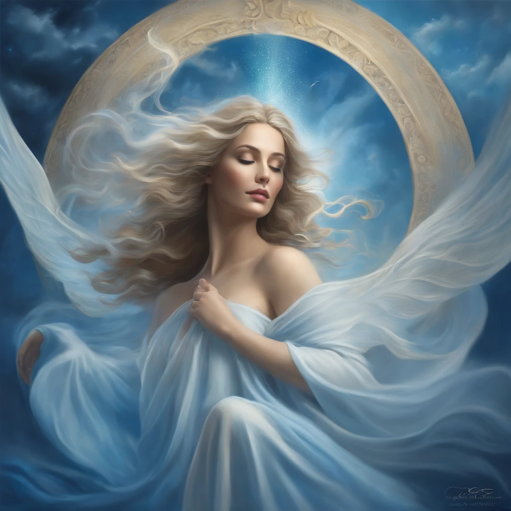 The goddess of imagination and emotions is depicted as a graceful white female figure with expressive eyes that reflect the depths of the human mind. Her wavy hair flows around her suggesting the fluidity of emotions and imagination. Dressed in flowing blue-colored robes, she radiates a soft light aura, symbolizing its ability to awaken imagination and emotions In a heavenly setting, Surrounded by soft clouds and symbolic elements of nature, it inspires mortals to explore the recesses of the mind and delve into the depths of their emotions. Its sanctuary is a haven of natural beauty and serenity