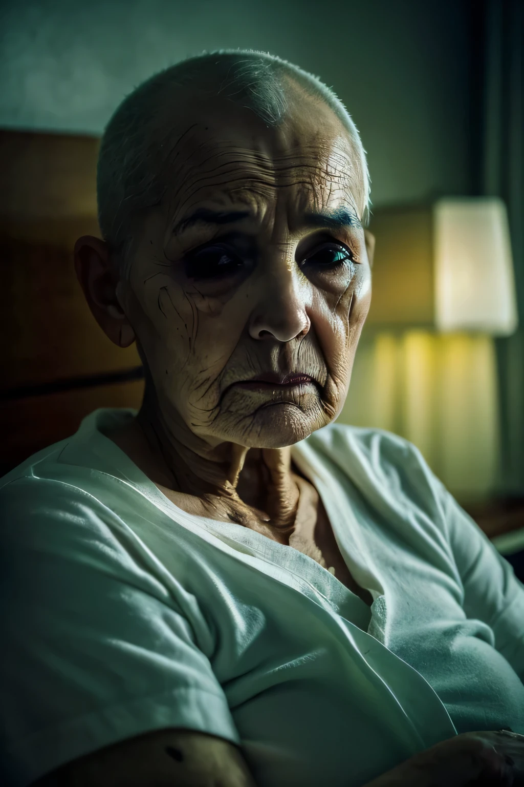 In the dimly lit hospital room, a heavy, somber atmosphere hangs in the air. The subdued lighting casts eerie shadows on the walls, creating a sense of foreboding. The camera approaches the patient, who lies reclined on the bed, their frail form a stark contrast against the darkness of the room. With eyes closed and brow furrowed in pain, the patient's face tells the story of a relentless battle against cancer. The camera captures the vulnerability and exhaustion etched in their features, offering a poignant glimpse into the harsh reality of their struggle.