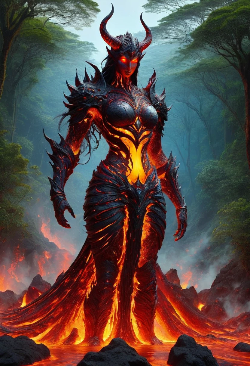 Lava Demon, ral-lava, LavaRay, Demon made entirely of lava, (best quality, highres, ultra-detailed:1.2), intense, fiery, and fearsome Lava Demon, glowing red eyes, sharp fangs and claws, towering over the landscape, surrounded by swirling magma, molten rivers flowing in the background, emitting a sinister glow, smoke billowing from its nostrils, an aura of pure heat and destruction, devilish horns adorned with lava drips, an otherworldly entity emerging from the depths of the Earth's core, surreal and menacing, in the style of dark fantasy art, with vibrant colors and high contrast, cast in a hellish color palette.