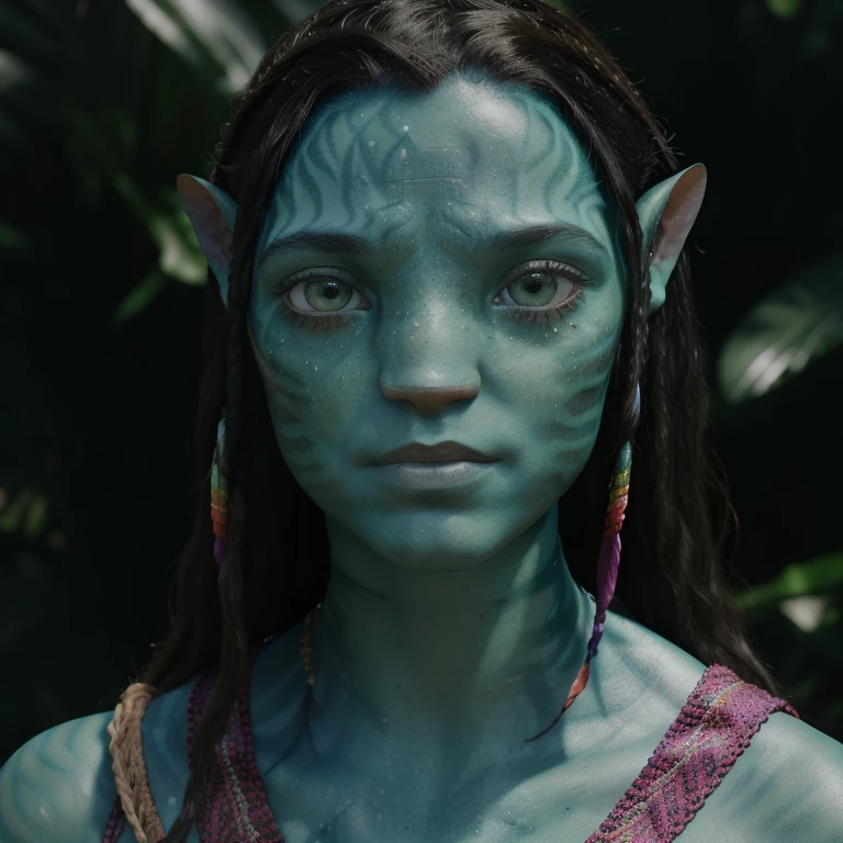 avatar style, (face portrait:1.6), 1girl, female, (AvLoak), glowing blue eyes, pointy ears, (green skin tone:1.0), (curly hair:1.0), black hair color, ((long hair)), (young adult), 18 years old, face wrinkles, wearing colorful tribal clothing, (wearing tribal acessories), detailed eyes, toned body, muscled body, vibrant colors, glowing, ethereal atmosphere, surrealistic dreamy lighting, textured skin, otherworldly beauty, mesmerizing photography, (best quality, highres), vivid colors, ultrarealistic, skin details, striped skin, sfw, face close-up:0.5, ultradetailed body, ((green skin)), (jortega)