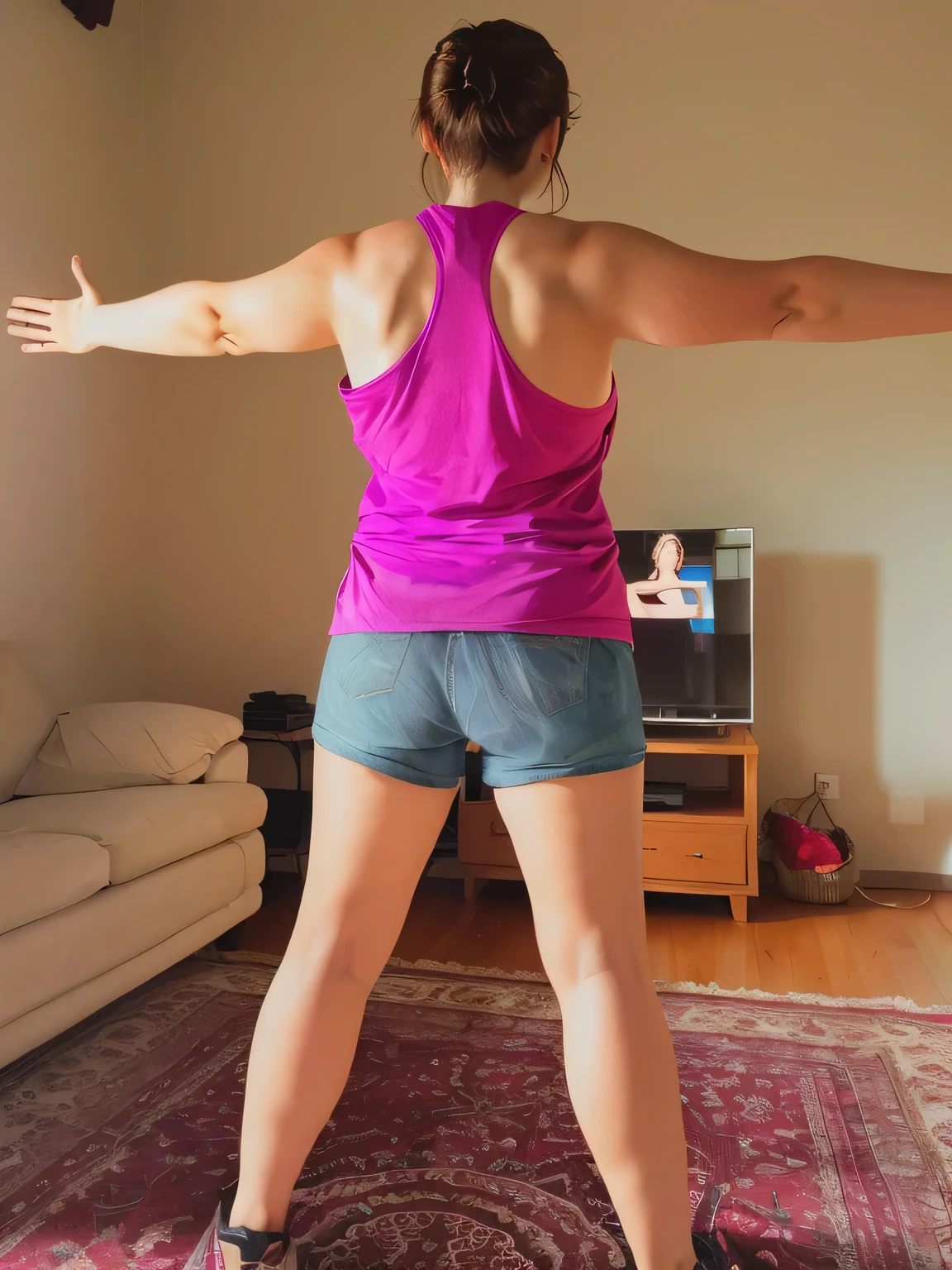 there is a woman standing in a living room with her arms outstretched, from back, back pose, centered full body rear-shot, with arms up, long shot from back, from the back, working out, her back is to us, t pose, back view!!, in full growth from the back, long shot from the back, toned derriere