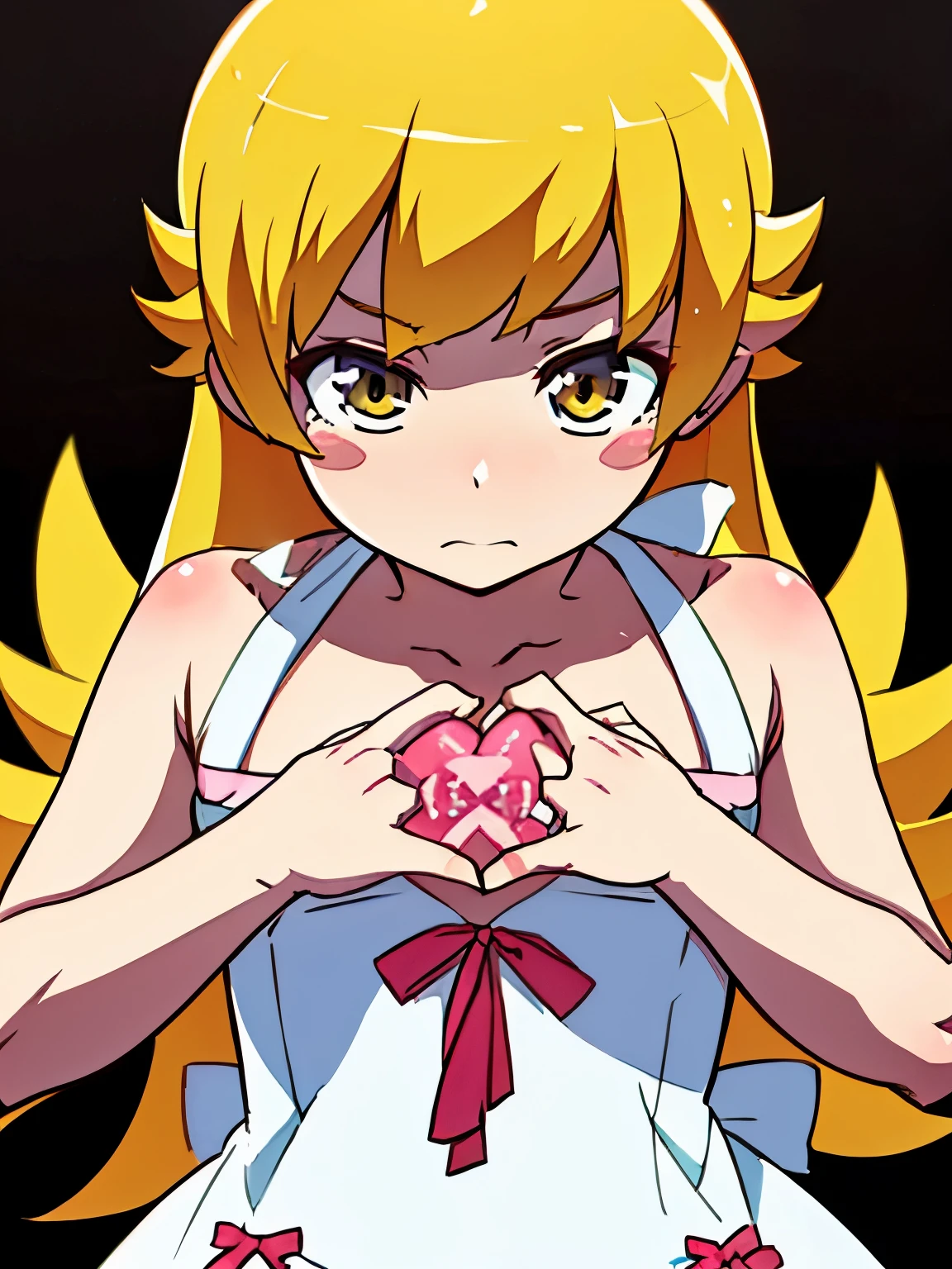 NSFW,oshino_shinobu,blush sticker,Blonde,Long Hair,White Dress,(Perfect hands),(Perfect Anatomy),(masterpiece),(highest quality)