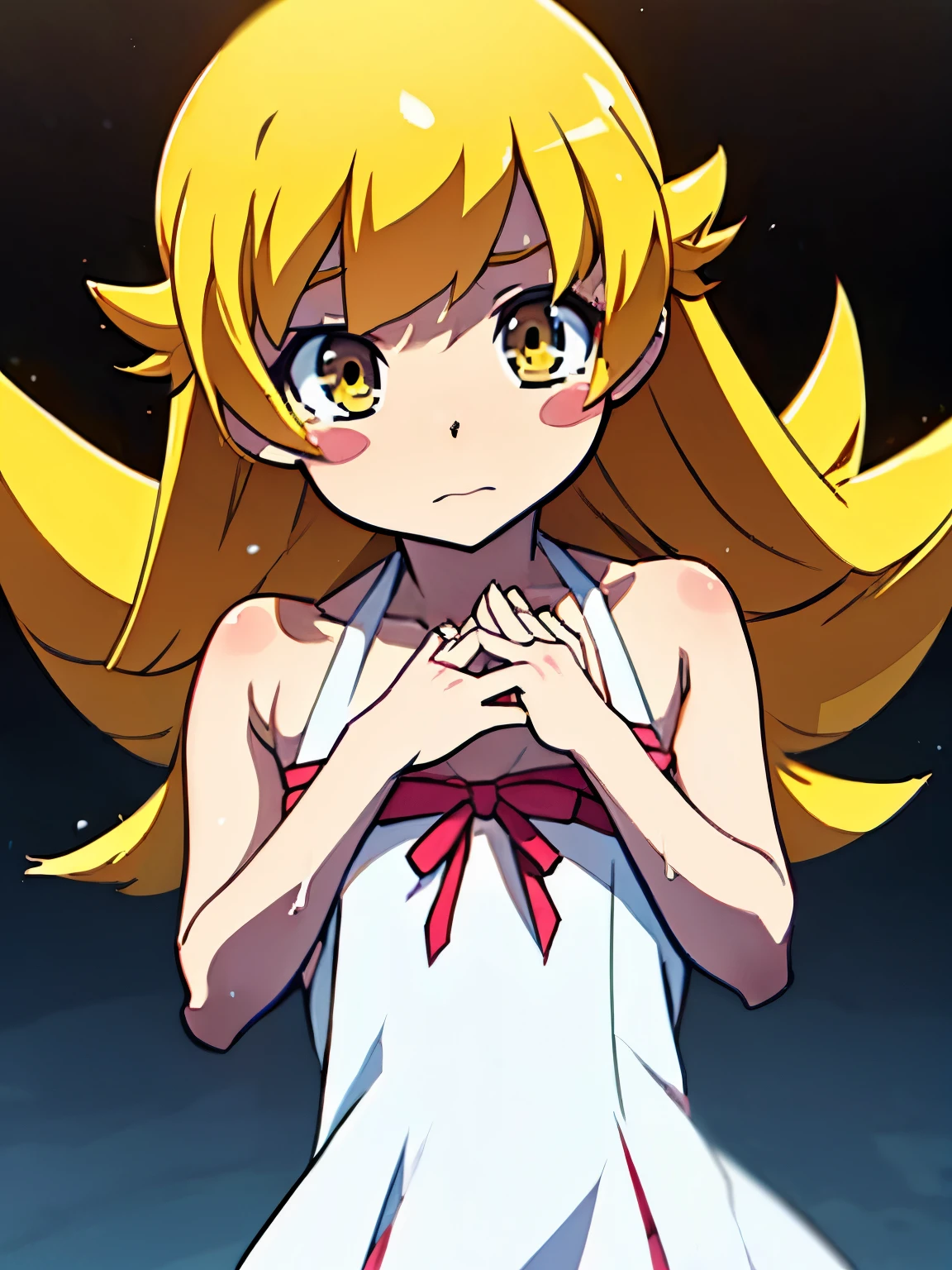 NSFW,oshino_shinobu,blush sticker,Blonde,Long Hair,White Dress,(Perfect hands),(Perfect Anatomy),(masterpiece),(highest quality)