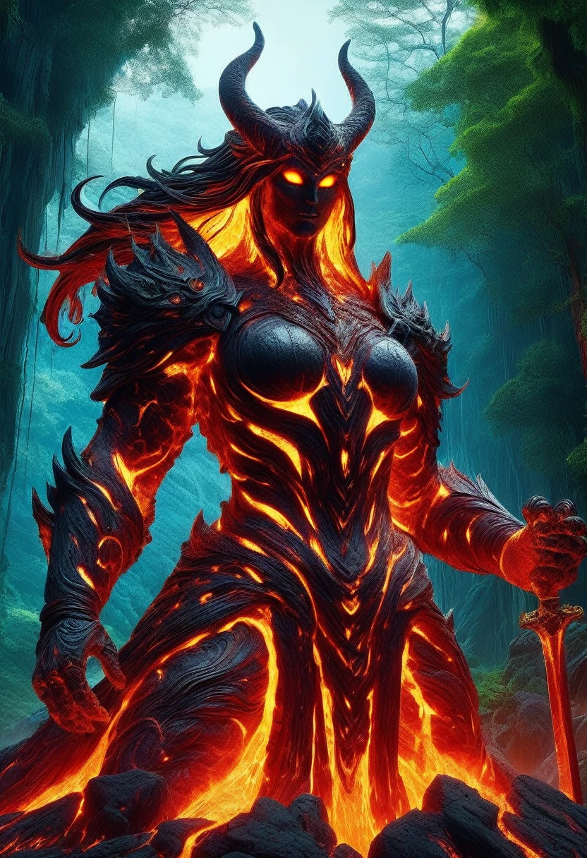 Lava Demon, ral-lava, LavaRay, Demon made entirely of lava, (best quality, highres, ultra-detailed:1.2), intense, fiery, and fearsome Lava Demon, glowing red eyes, sharp fangs and claws, towering over the landscape, surrounded by swirling magma, molten rivers flowing in the background, emitting a sinister glow, smoke billowing from its nostrils, an aura of pure heat and destruction, devilish horns adorned with lava drips, an otherworldly entity emerging from the depths of the Earth's core, surreal and menacing, in the style of dark fantasy art, with vibrant colors and high contrast, cast in a hellish color palette.