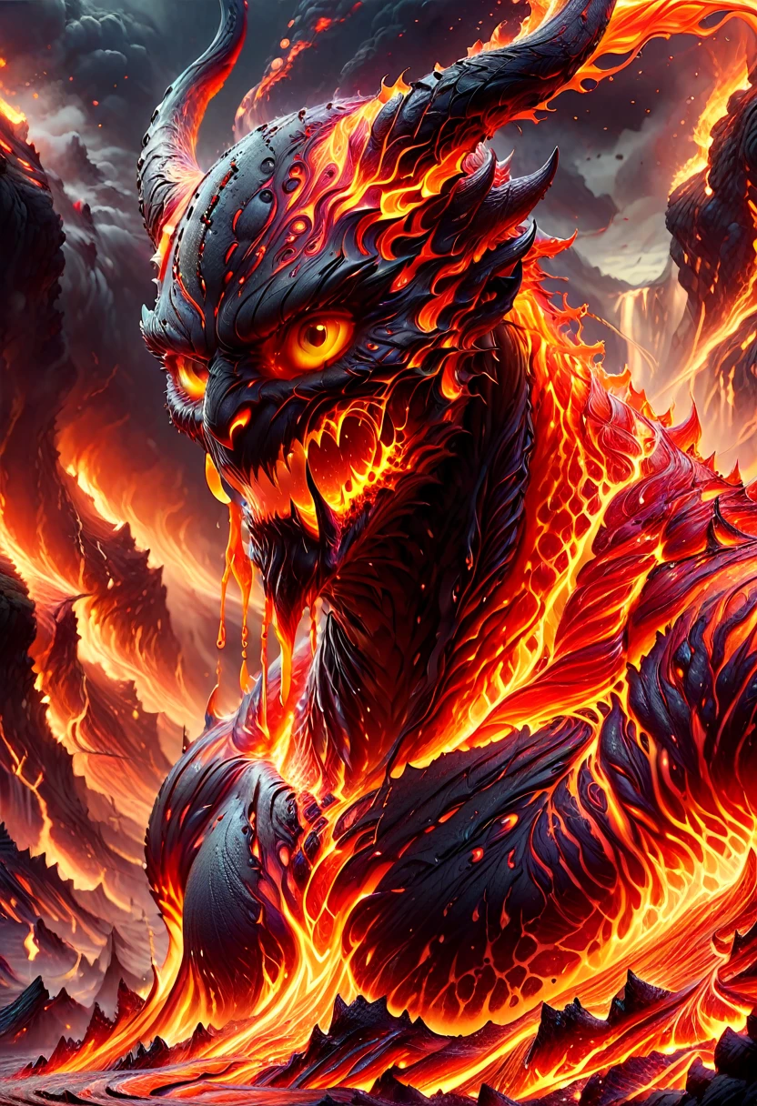 Lava Demon, ral-lava, LavaRay, Demon made entirely of lava, (best quality, highres, ultra-detailed:1.2), intense, fiery, and fearsome Lava Demon, glowing red eyes, sharp fangs and claws, towering over the landscape, surrounded by swirling magma, molten rivers flowing in the background, emitting a sinister glow, smoke billowing from its nostrils, an aura of pure heat and destruction, devilish horns adorned with lava drips, an otherworldly entity emerging from the depths of the Earth's core, surreal and menacing, in the style of dark fantasy art, with vibrant colors and high contrast, cast in a hellish color palette.