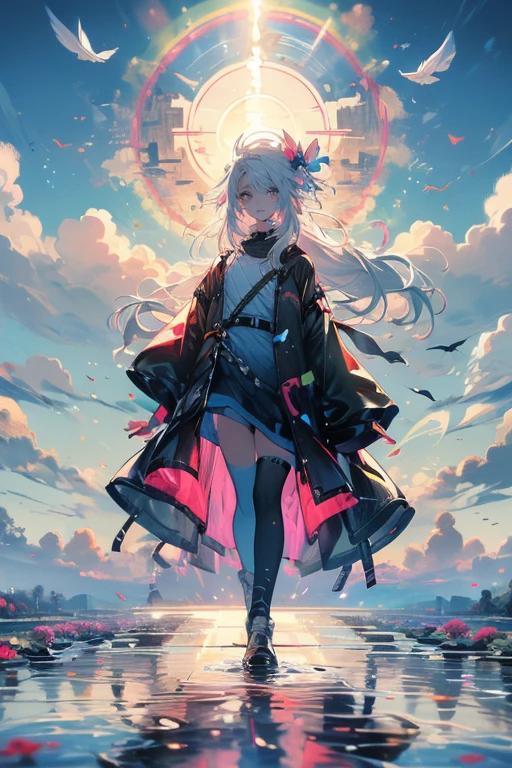 high quality, top quality,high resolution,perfect face,1girl,solo,cute,white hair and long hair,after the rain, blue sky,rainbow in the sky,in park, puddle,wet flower