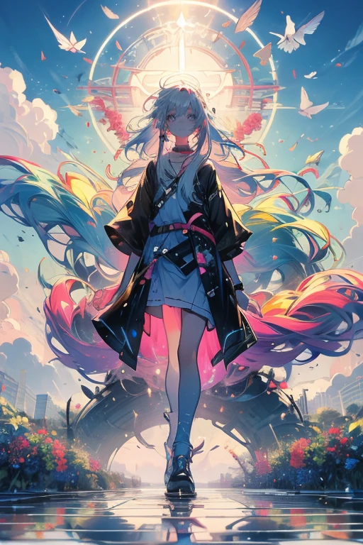 high quality, top quality,high resolution,perfect face,1girl,solo,cute,white hair and long hair,after the rain, blue sky,rainbow in the sky,in park, puddle,wet flower