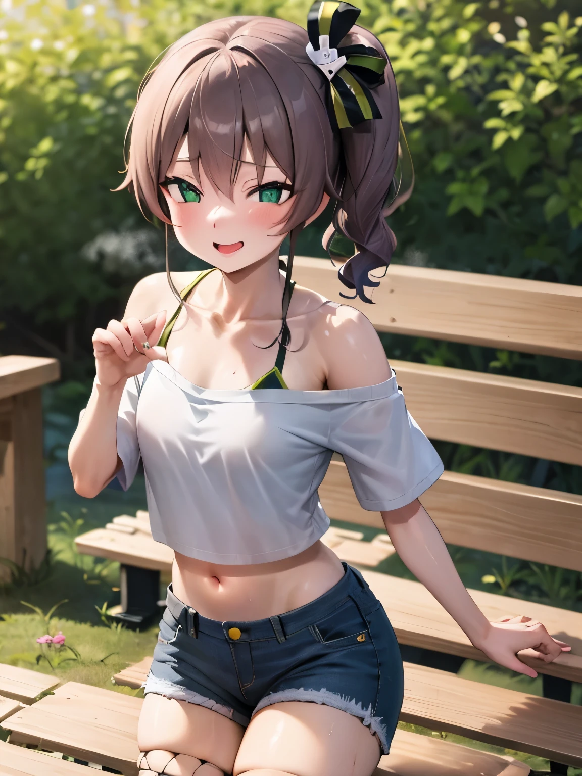 NSFW,Hololive,natsuiro matsuri,One Side Ponytail,cropped,Off the shoulder,Sexy denim hot pants,Distressed denim,High Leg Hot Pants,Fishnet tights,garden,wood,bench,(Perfect hands),(Perfect Anatomy),(masterpiece),(highest quality)