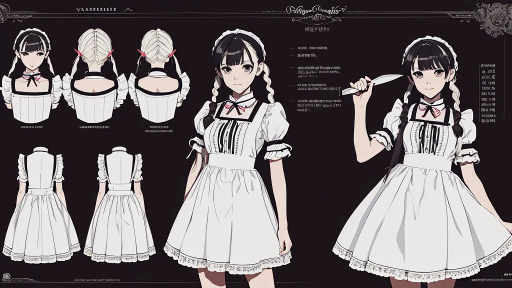 (Masterpiece,Highest quality),(Maximum details),(character design sheet,page,behind,side,All characters are the same.,),woman,White pigtails,pageตาน่ารัก,Yandere girl,Wear a maid dress.,holding a knife,