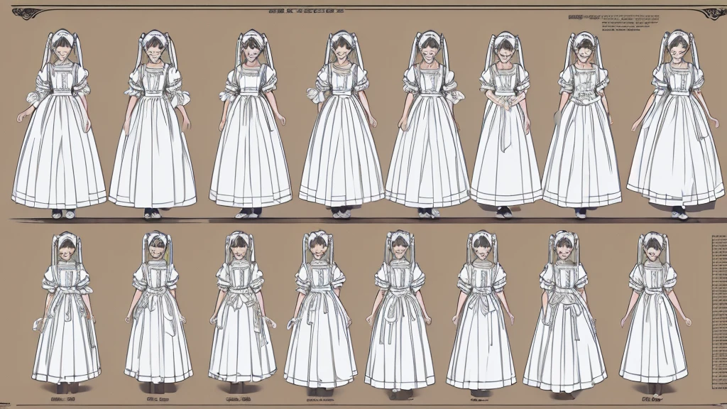 (Masterpiece,Highest quality),(Maximum details),(character design sheet,page,behind,side,All characters are the same.,),woman,White pigtails,pageตาน่ารัก,Yandere girl,Wear a maid dress.,holding a knife,