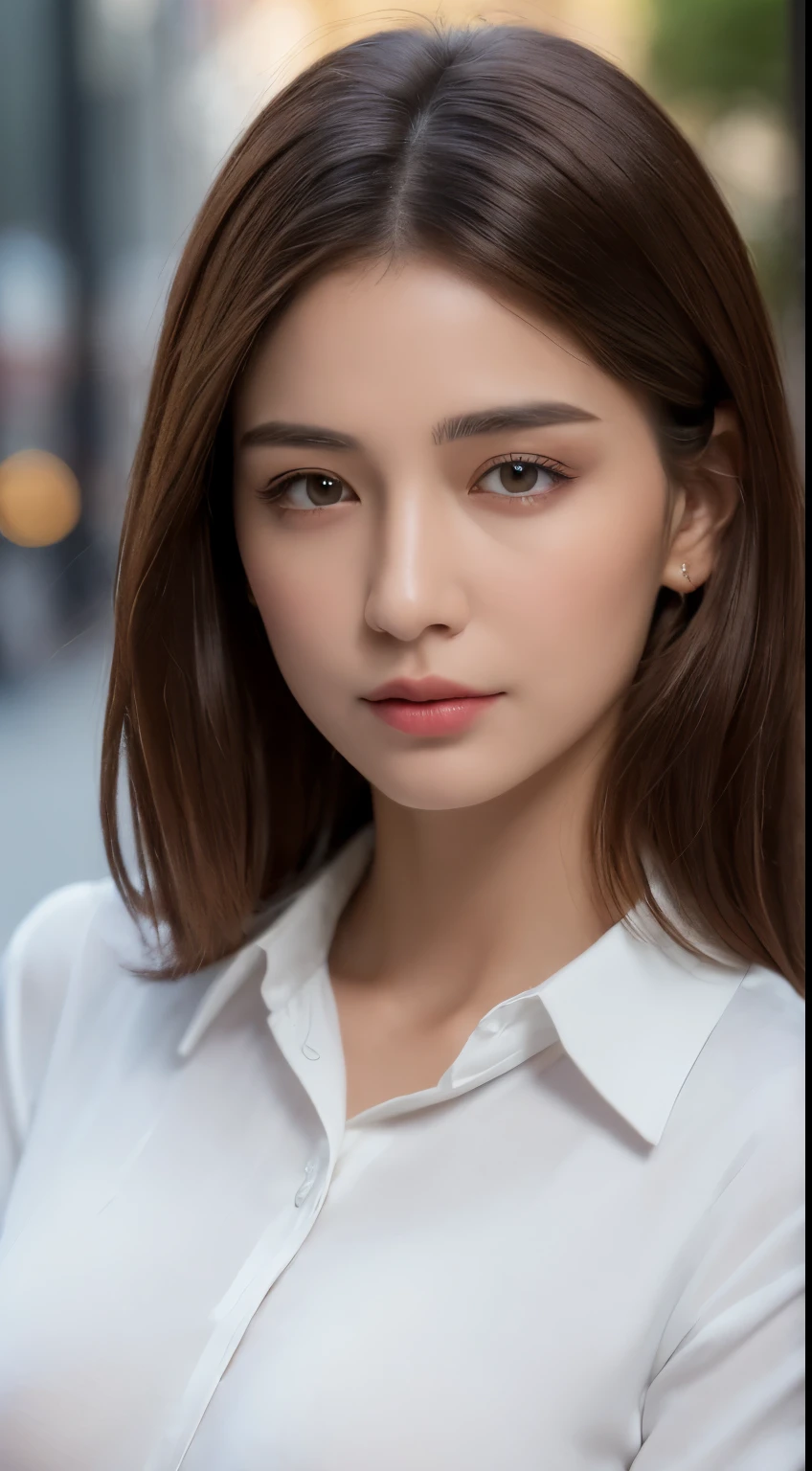 ((best quality, 8k, masterpiece :1.3)), Clear focus :1.2, Beautiful woman with perfect body :1.4, Slim abdominal muscles :1.2, ((Dark brown hair, Large Breasts :1.3)), (White buttoned long shirt :1.1), City Streets:1.2, Highly detailed face and skin texture, Delicate eyes, double eyelids,Have dimples