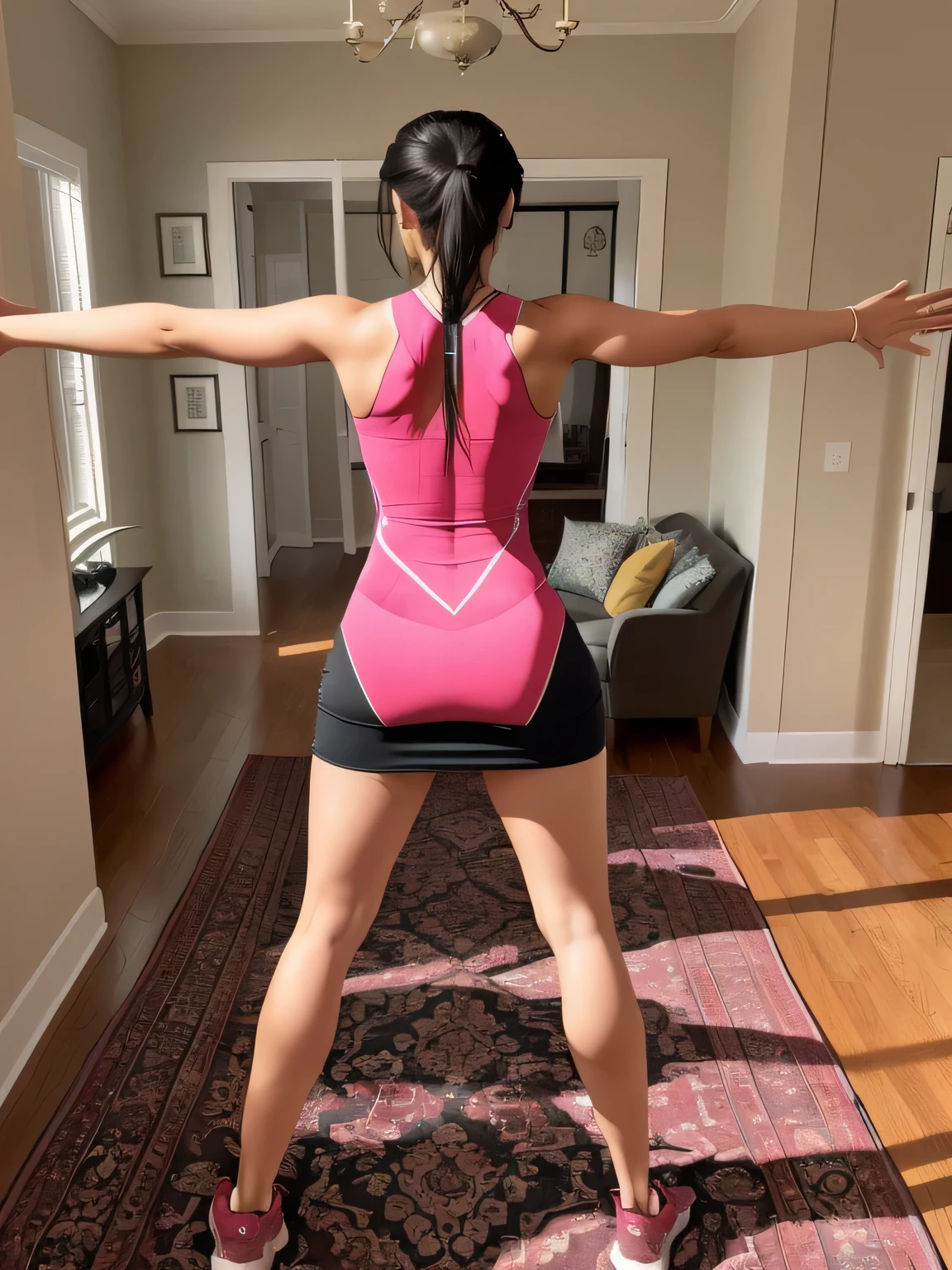 there is a woman standing in a living room with her arms outstretched, from back, back pose, centered full body rear-shot, with arms up, long shot from back, from the back, working out, her back is to us, t pose, back view!!, in full growth from the back, long shot from the back, toned derriere