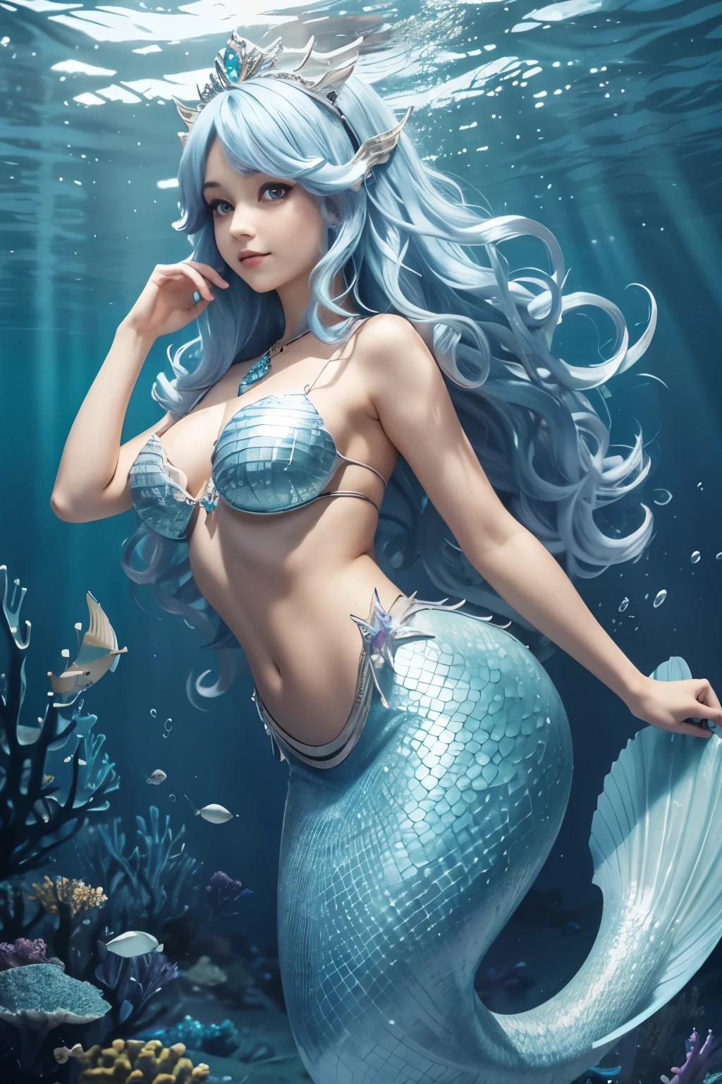 loosely curly light blue hair,mermaid,light blue tail fin,purple eyes,princess,jewelry,tiara,under the sea
