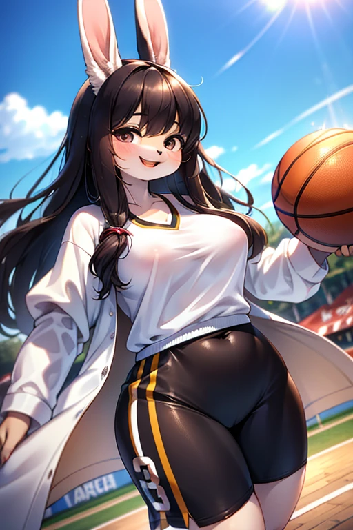 from above , hairy rabbit mom , realistic rabbit legs , round face , (tilt face:1.1) , (half-open wink:1.2) , moist round eyes , Swollen cheeks , dark color hair , long hair , lively smile , glossy lips , 3 on 3 coat , basketball , (high speed Blur:1.3) , Hair fluttering in the wind , Layup shot , Goal Net