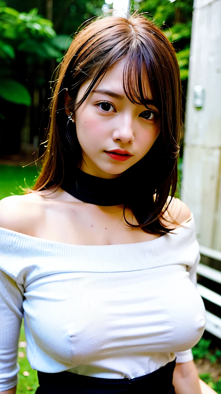 highest quality, Ultra-high resolution, (Realistic:1.4), One girl, off-the-shoulder white shirt, Black tight skirt, Black Choker, (Faded grey hair:1), (Huge breasts:1.2), View your viewers, close ,