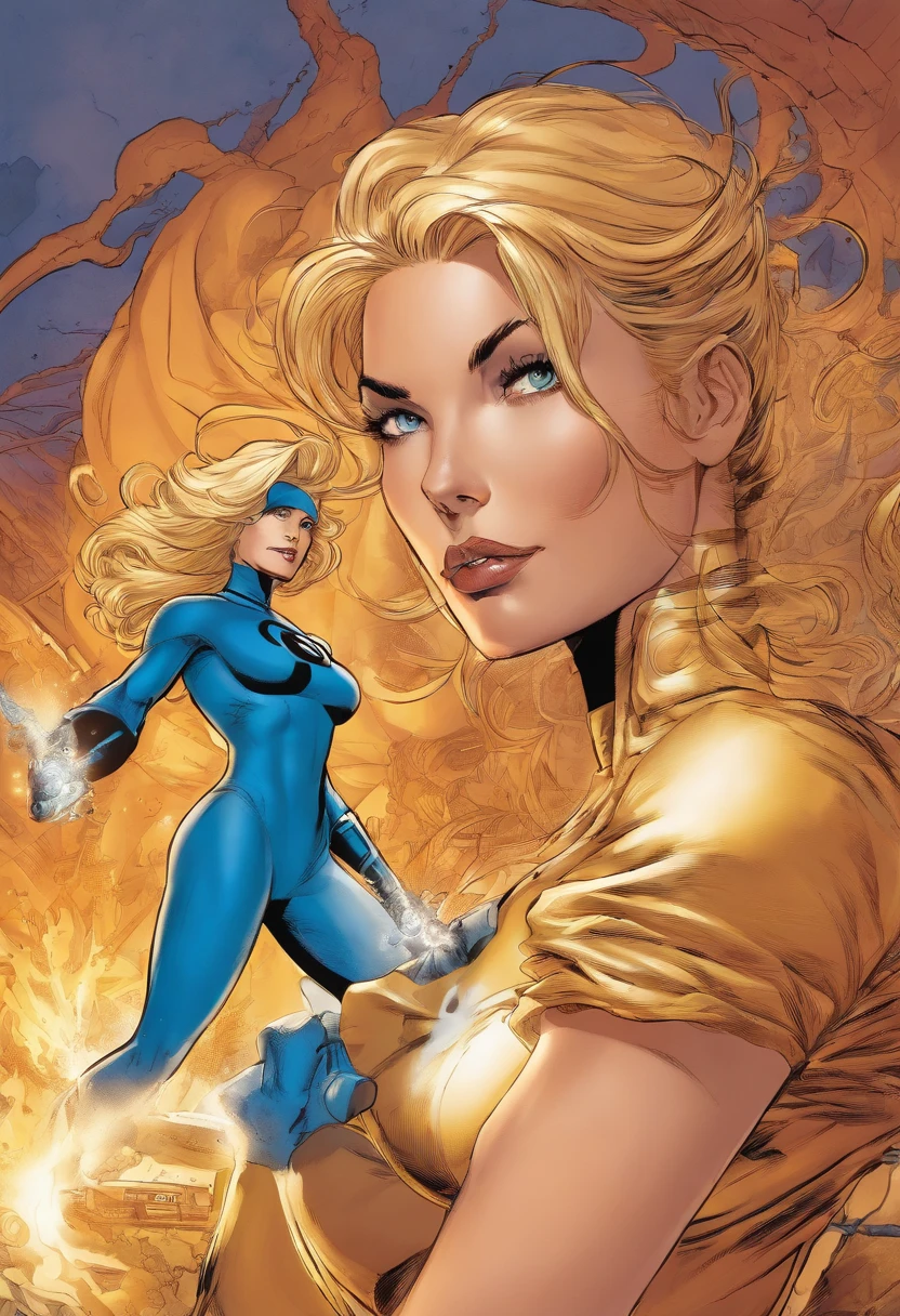 Artistic image of Susan Storm from the Fantastic Four, cabelo loiro, sensual, seios grandes, por Louis Royo, Boris Vallejo, Frank Frazetta, foco extremo, sharp details, pele oleosa, sensual, dynamic pose, Fantastic Four uniform
