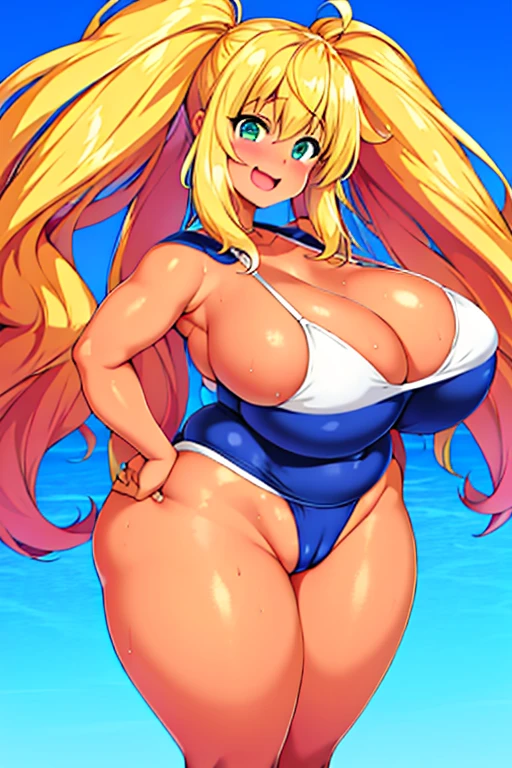 {{Cute face}},One girl,Huge Breasts, Have, White Background, Both sides up, Swimwear ,{{{Plump, thick thighs}}},{Knee-high socks},Are standing,{{Full Body Shot}},Happy,Huge Ass,