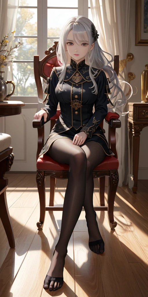 (masterpiece, best quality, glistening, shiny, glowing light, HDR, depth of field, perfect face, detailed face, detailed eyes, 8k, HD, ray tracing, perfect lighting, ultra detailed, shiny eyes, detailed hair, glowing eyes) 1girl, shiny skin, yellow eyes, pale skin, long wavy silver hair, sitting, Victorian chair, black asymmetrical clothing, black pantyhose, highly detailed feet, toes, foot focus (cinematic lighting, intricate details, ambient light, light particles, dramatic shadows, very detailed, high resolution, sharp, dynamic pose, dynamic angle)