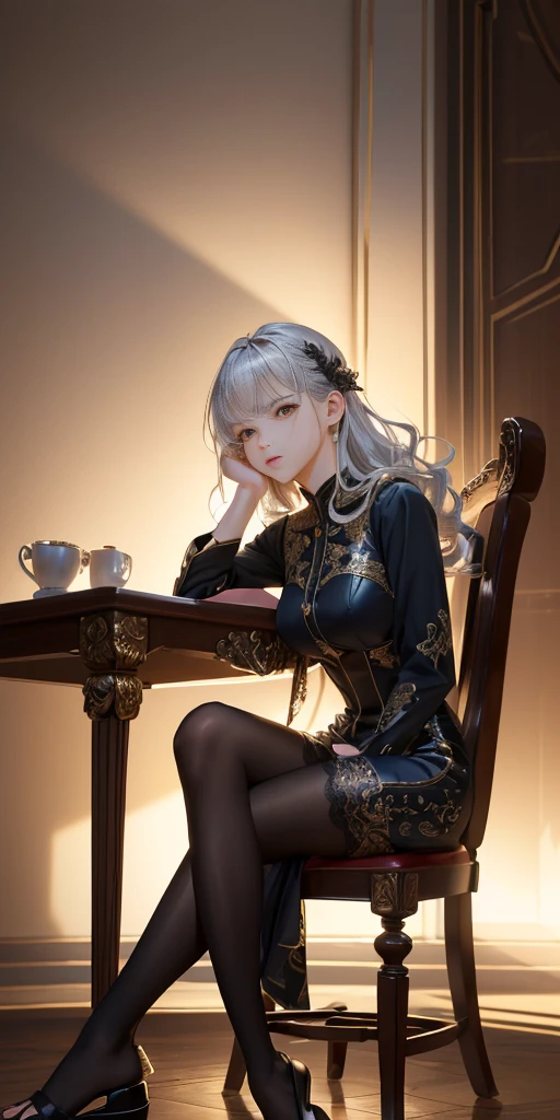 (masterpiece, best quality, glistening, shiny, glowing light, HDR, depth of field, perfect face, detailed face, detailed eyes, 8k, HD, ray tracing, perfect lighting, ultra detailed, shiny eyes, detailed hair, glowing eyes) 1girl, shiny skin, yellow eyes, pale skin, long wavy silver hair, sitting, Victorian chair, black asymmetrical clothing, black pantyhose, highly detailed feet, toes, foot focus (cinematic lighting, intricate details, ambient light, light particles, dramatic shadows, very detailed, high resolution, sharp, dynamic pose, dynamic angle)