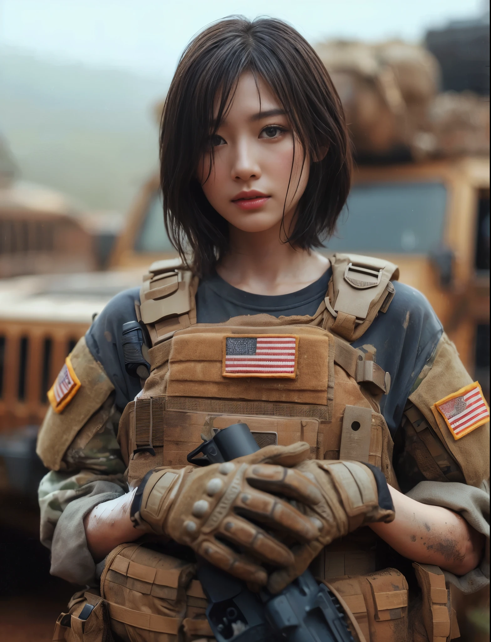 (best quality,8k,realistic photo:1.2),ultra-detailed,realistic skin texture,Japanese woman serving in the U.S. Army,t-shirt,rugged terrain,jeep stuck in mud,muddy,bulletproof vest,blurred background