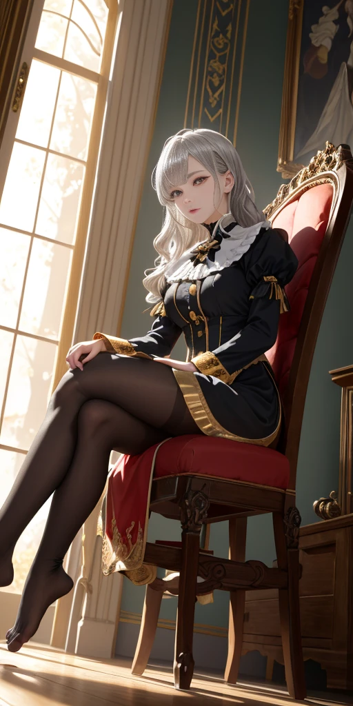 (masterpiece, best quality, glistening, shiny, glowing light, HDR, depth of field, perfect face, detailed face, detailed eyes, 8k, HD, ray tracing, perfect lighting, ultra detailed, shiny eyes, detailed hair, glowing eyes, cinematic lighting, intricate details, ambient light, light particles, dramatic shadows, very detailed, high resolution, sharp, dynamic pose, dynamic angle) 1girl, shiny skin, yellow eyes, pale skin, long wavy silver hair, sitting, Victorian chair, black asymmetrical clothing, black pantyhose, highly detailed feet, toes, foot focus