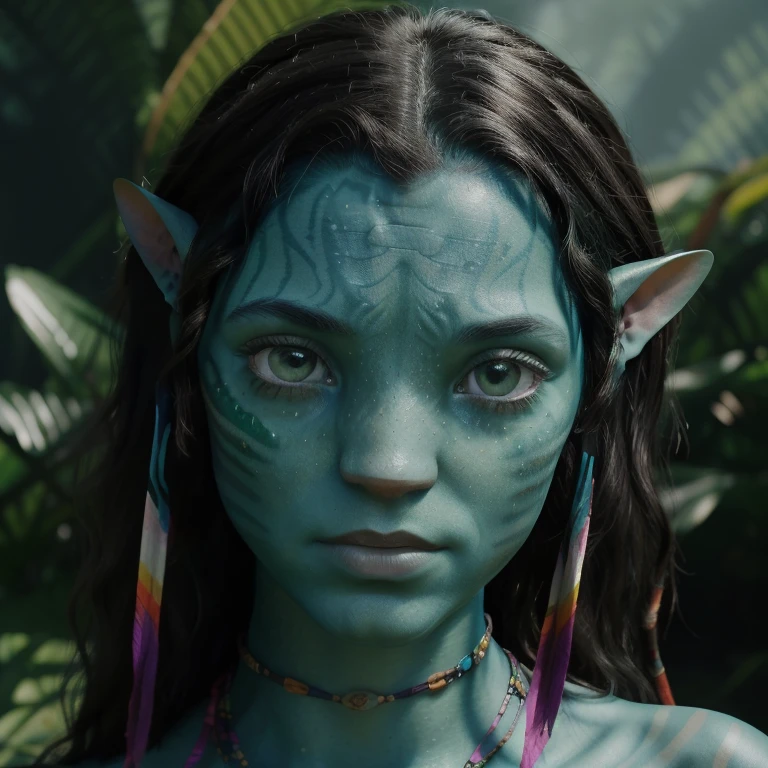 avatar style, (face portrait:1.6), 1girl, female, (AvLoak), glowing blue eyes, pointy ears, (green skin tone:1.0), (wavy hair:1.0), black hair color, ((long hair)), (young adult), 18 years old, face wrinkles, wearing colorful tribal clothing, (wearing tribal acessories), detailed eyes, toned body, muscled body, vibrant colors, glowing, ethereal atmosphere, surrealistic dreamy lighting, textured skin, otherworldly beauty, mesmerizing photography, (best quality, highres), vivid colors, ultrarealistic, skin details, striped skin, sfw, face close-up:0.5, ultradetailed body, ((green skin)), (jortega)