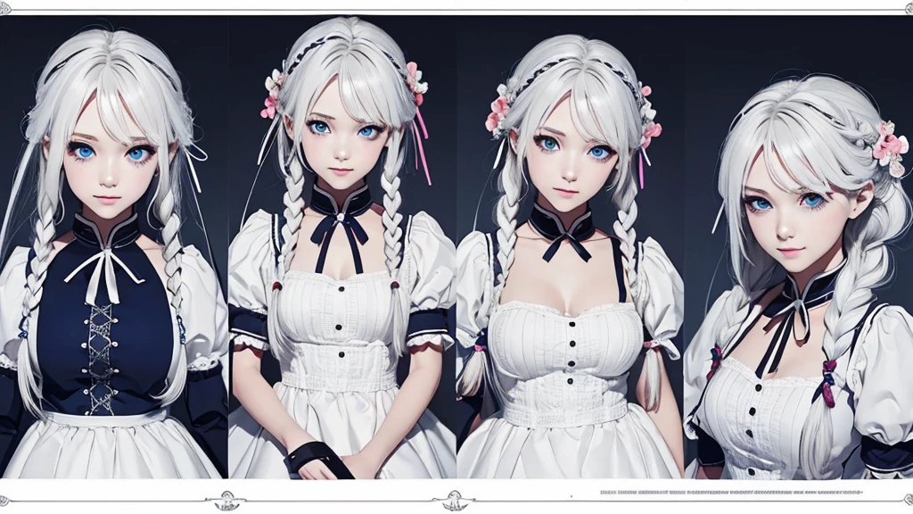 (Masterpiece,Highest quality),(Maximum details),(character design sheet,page,behind,side,All characters are the same.,),(Eye details),woman,braid white hair,pageตาน่ารัก,Yandere girl,Wear a maid dress.,holding a knife,blue eyes