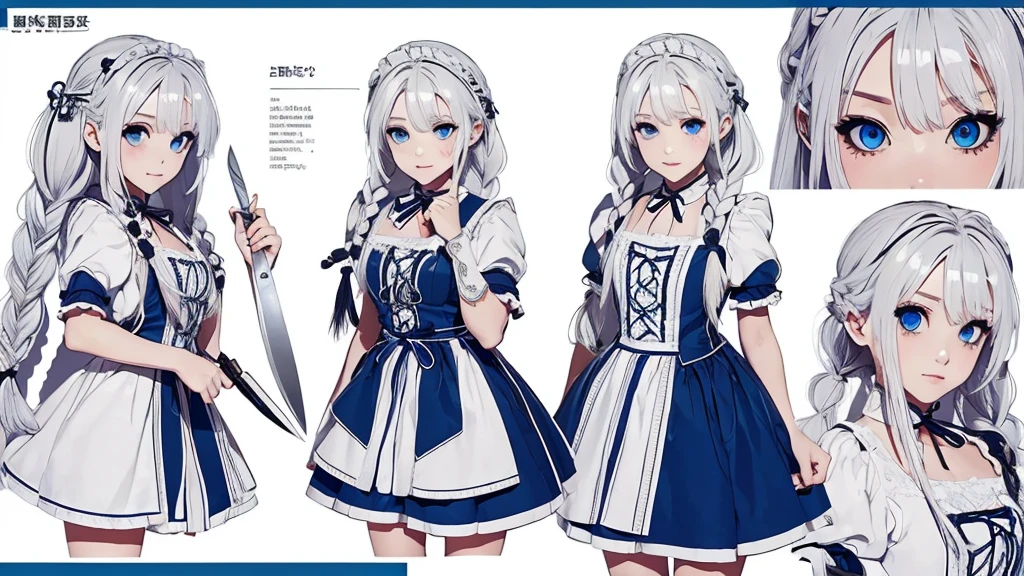 (Masterpiece,Highest quality),(Maximum details),(character design sheet,page,behind,side,All characters are the same.,),(Eye details),woman,braid white hair,pageตาน่ารัก,Yandere girl,Wear a maid dress.,holding a knife,blue eyes