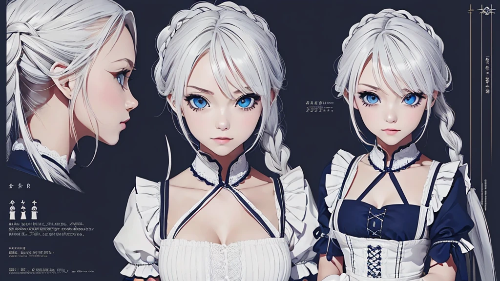 (Masterpiece,Highest quality),(Maximum details),(character design sheet,page,behind,side,All characters are the same.,),(Eye details),woman,braid white hair,pageตาน่ารัก,Yandere girl,Wear a maid dress.,holding a knife,blue eyes