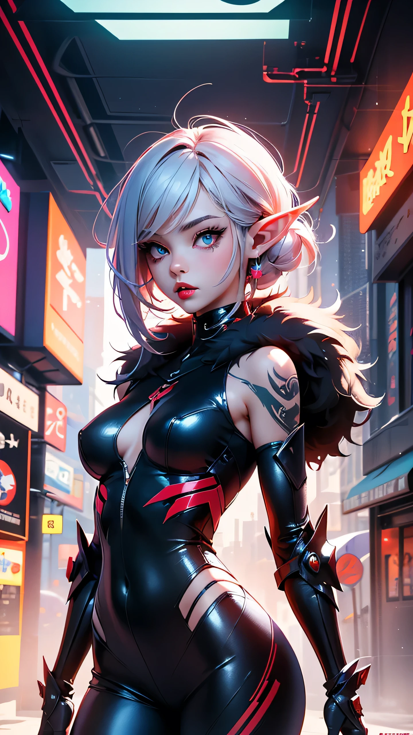 There is futuristic sreet in the middle of it stand beautiful elf female, she have green eyes, long pointy ears with lot of piercing, juicy red lips and daek purple eye shadows, her hair is bloody red , she dressed in lomg sexy dress with fur, She have cybernetic prostetic arms with sharp claws, and tatoos on her body, (ultra high quality sifi fantasy art. cyberpunk fantasy style, masterpiece, ultra highquality character design, 8k quality anime art, top quality wallpaper illustration, detailed ultra high quality acurate face, highquality design and acurate physic)